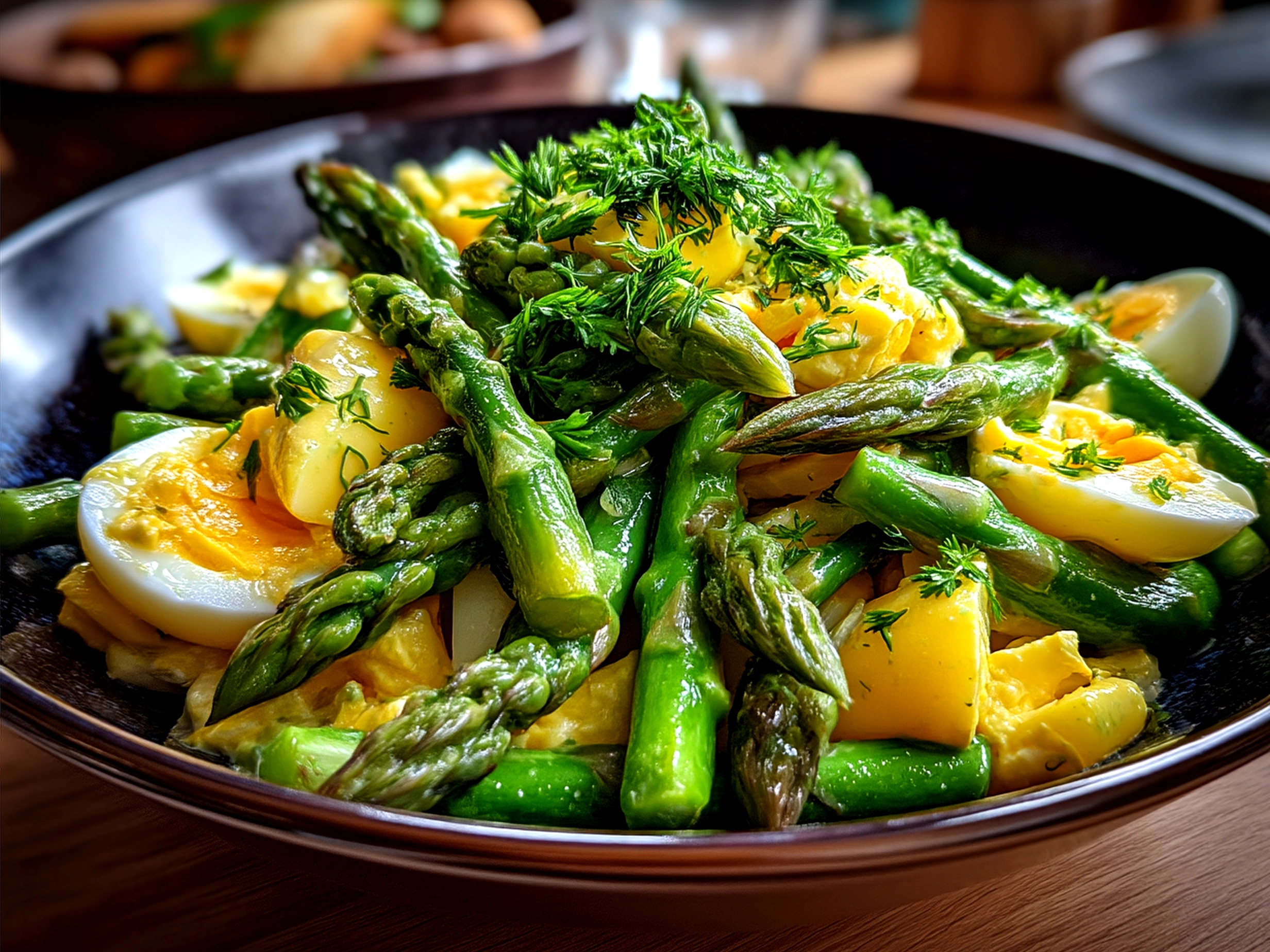 Ready to serve Asparagus Egg Salad plated with fresh greens