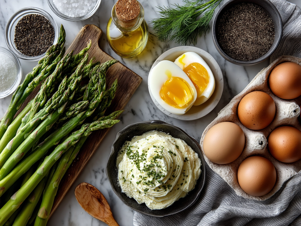 Ingredients for Asparagus Egg Salad with fresh asparagus, eggs, and herbs