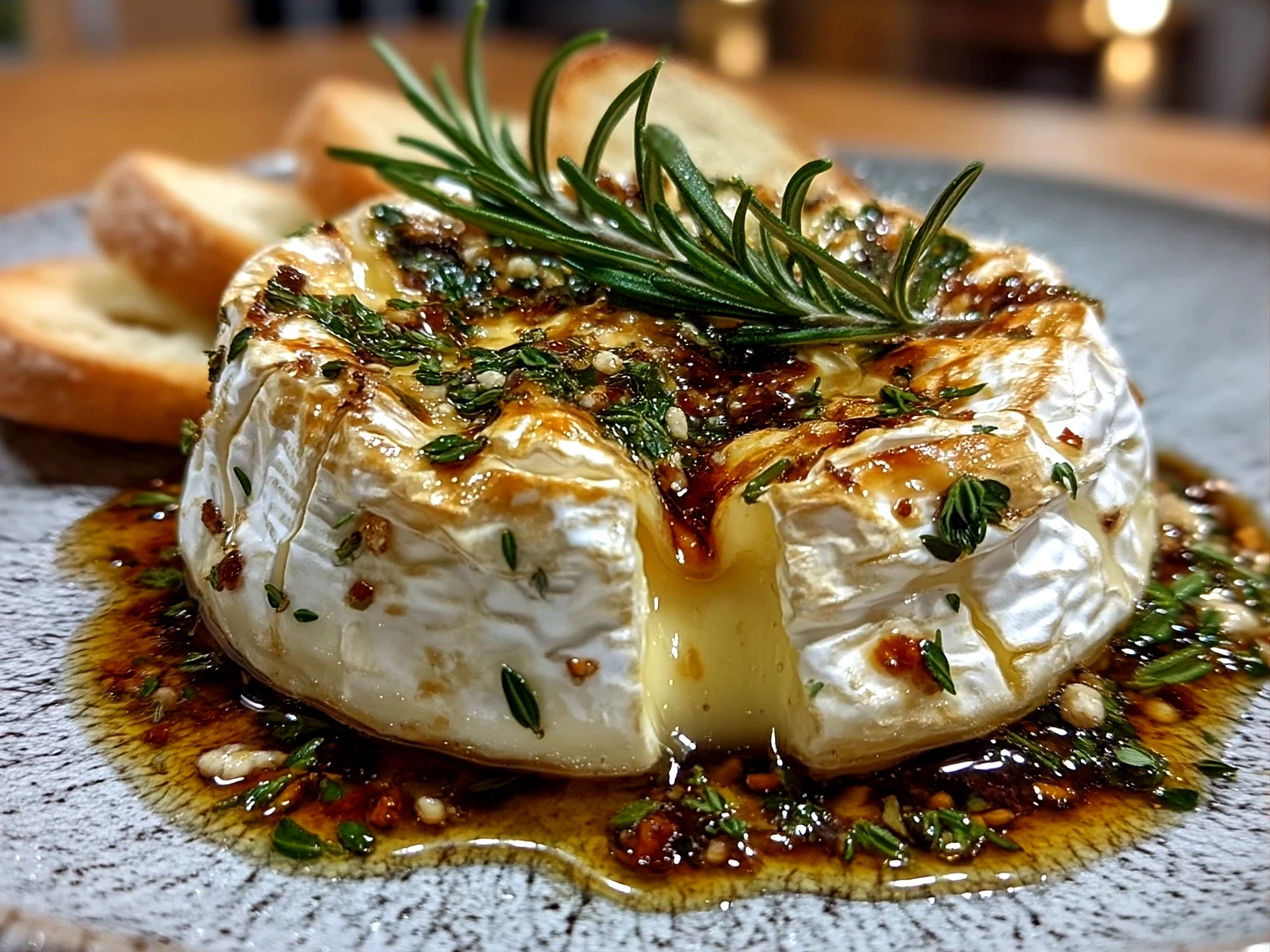 Baked Brie with Garlic and Herbs served on a wooden board with crackers and bread