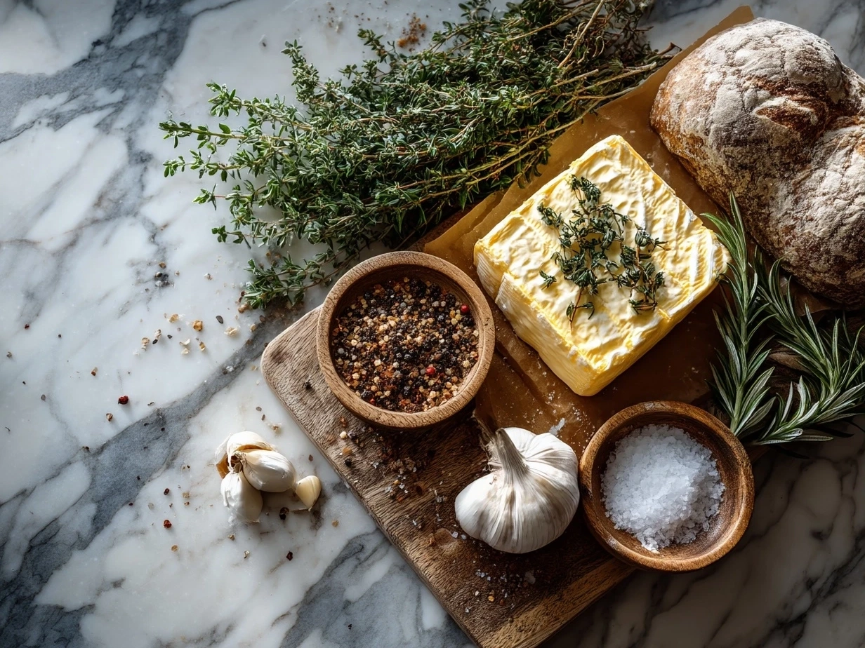 Ingredients for Baked Brie with Garlic and Herbs including brie cheese, garlic, fresh herbs, butter, and honey