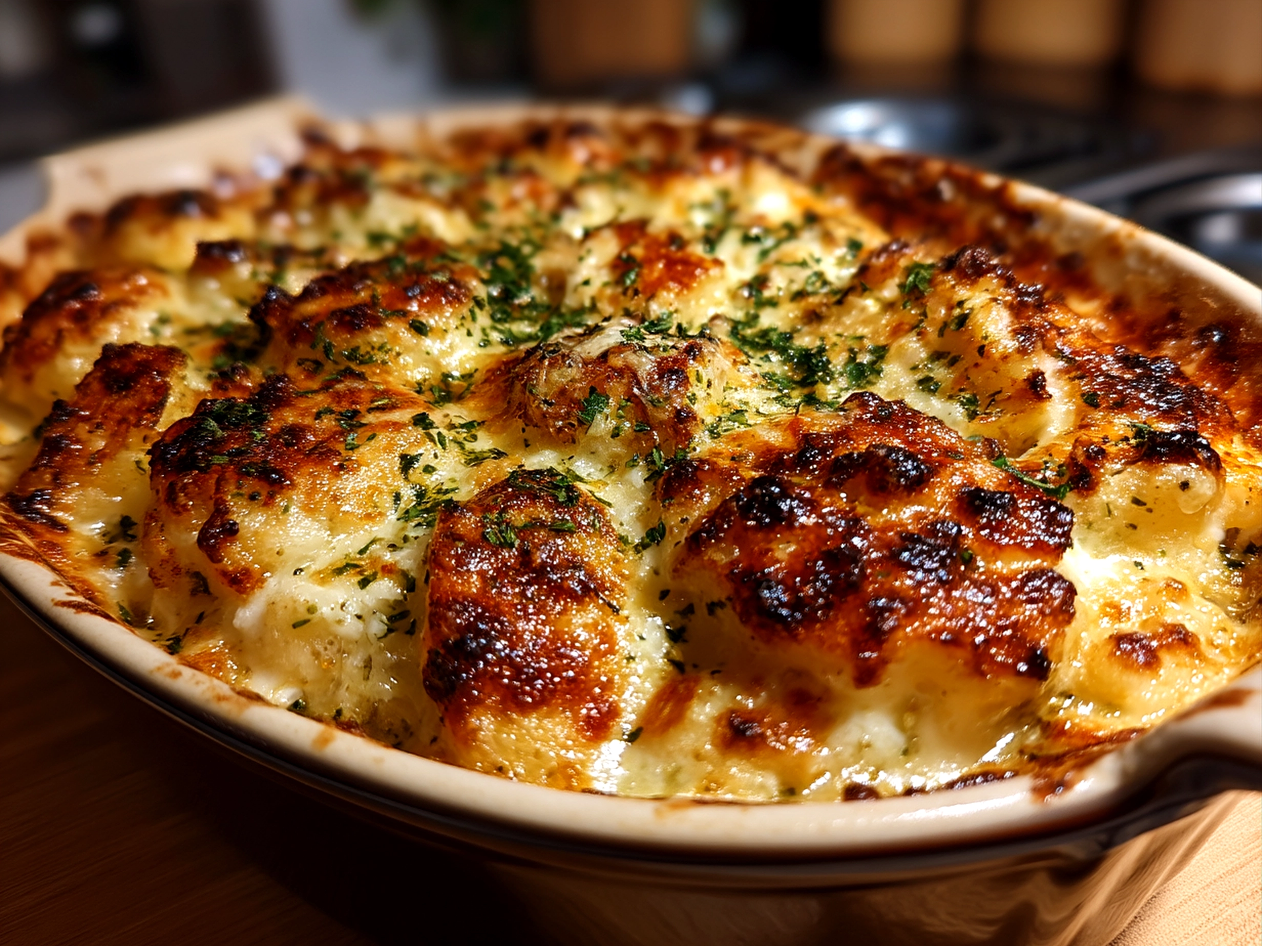 Baked Cheesy Dumpling Casserole served in a rustic casserole dish garnished with parsley