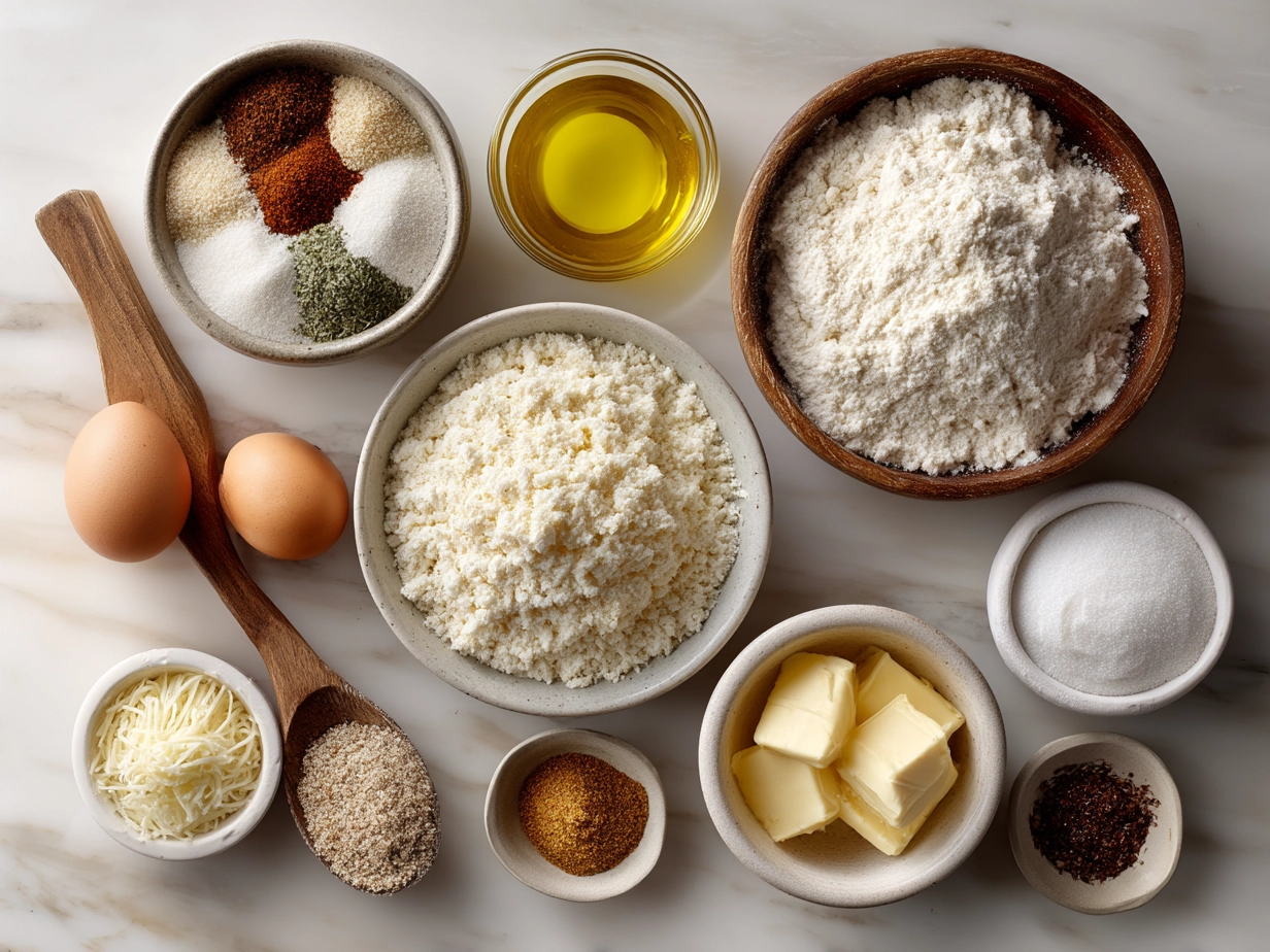 Ingredients for Baked Cheesy Dumpling Casserole laid out on kitchen counter