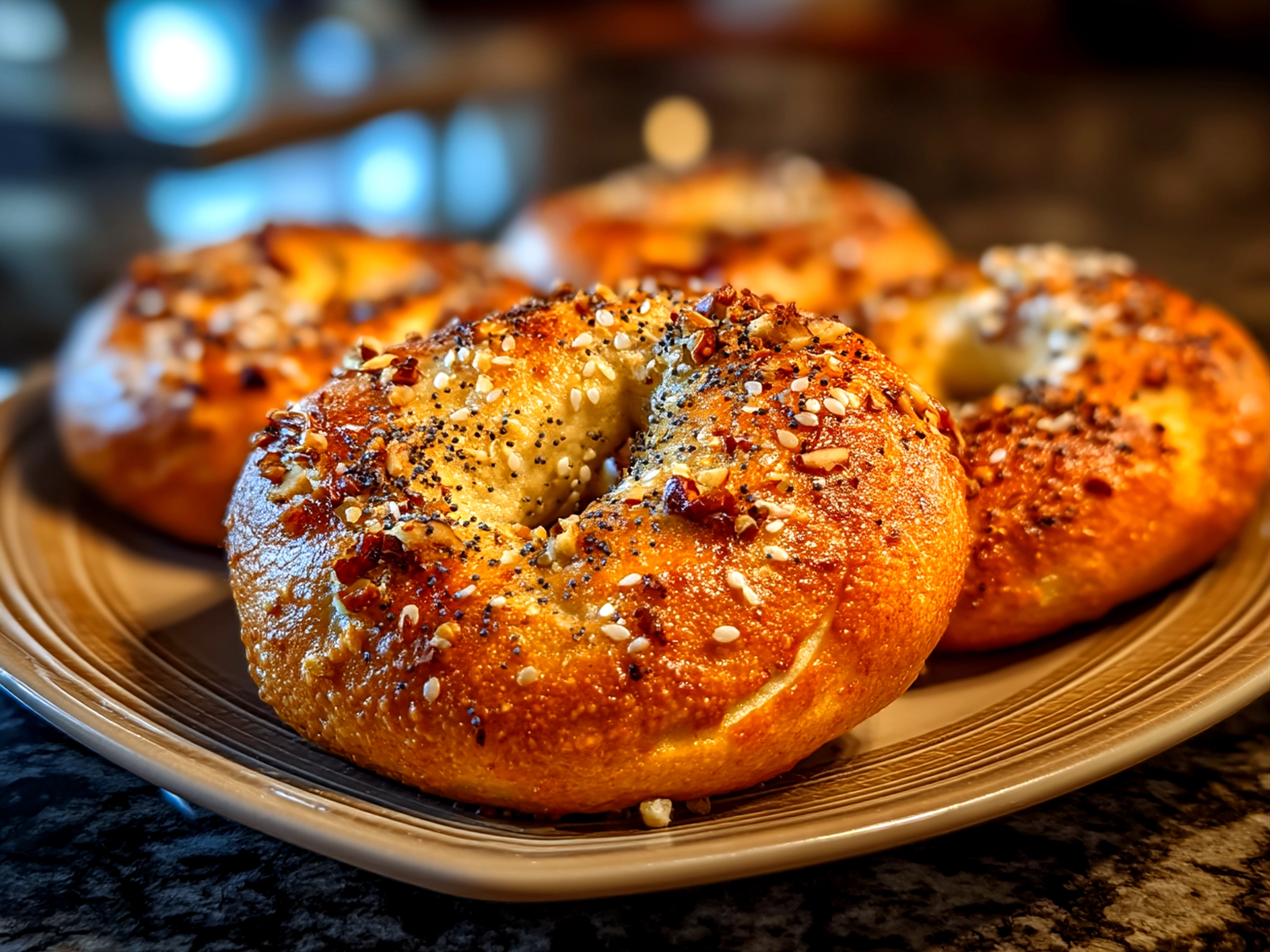 Freshly baked Banana Nut Bagels served with cream cheese and bananas
