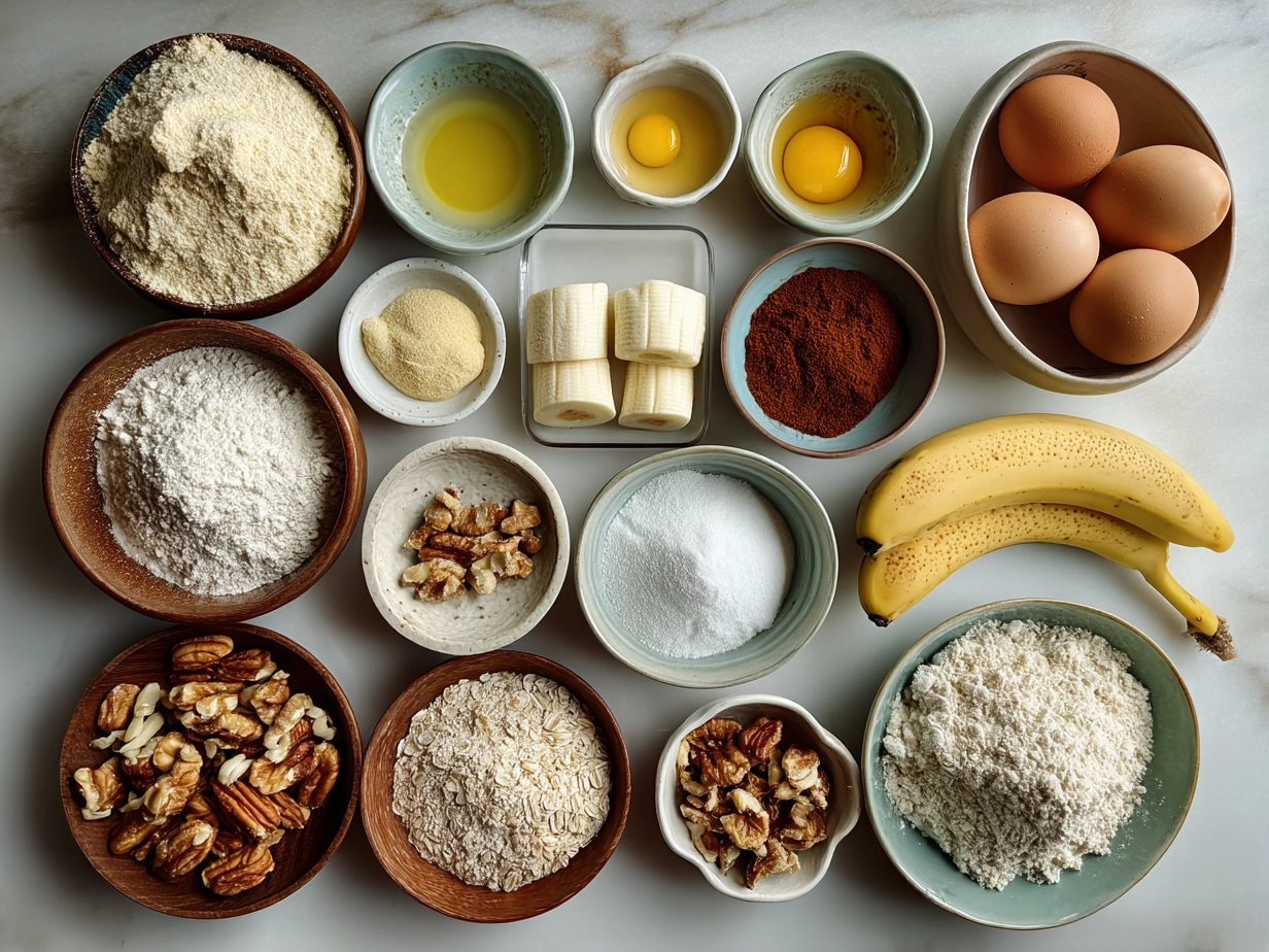 Ingredients for Banana Nut Bagels laid out on a table