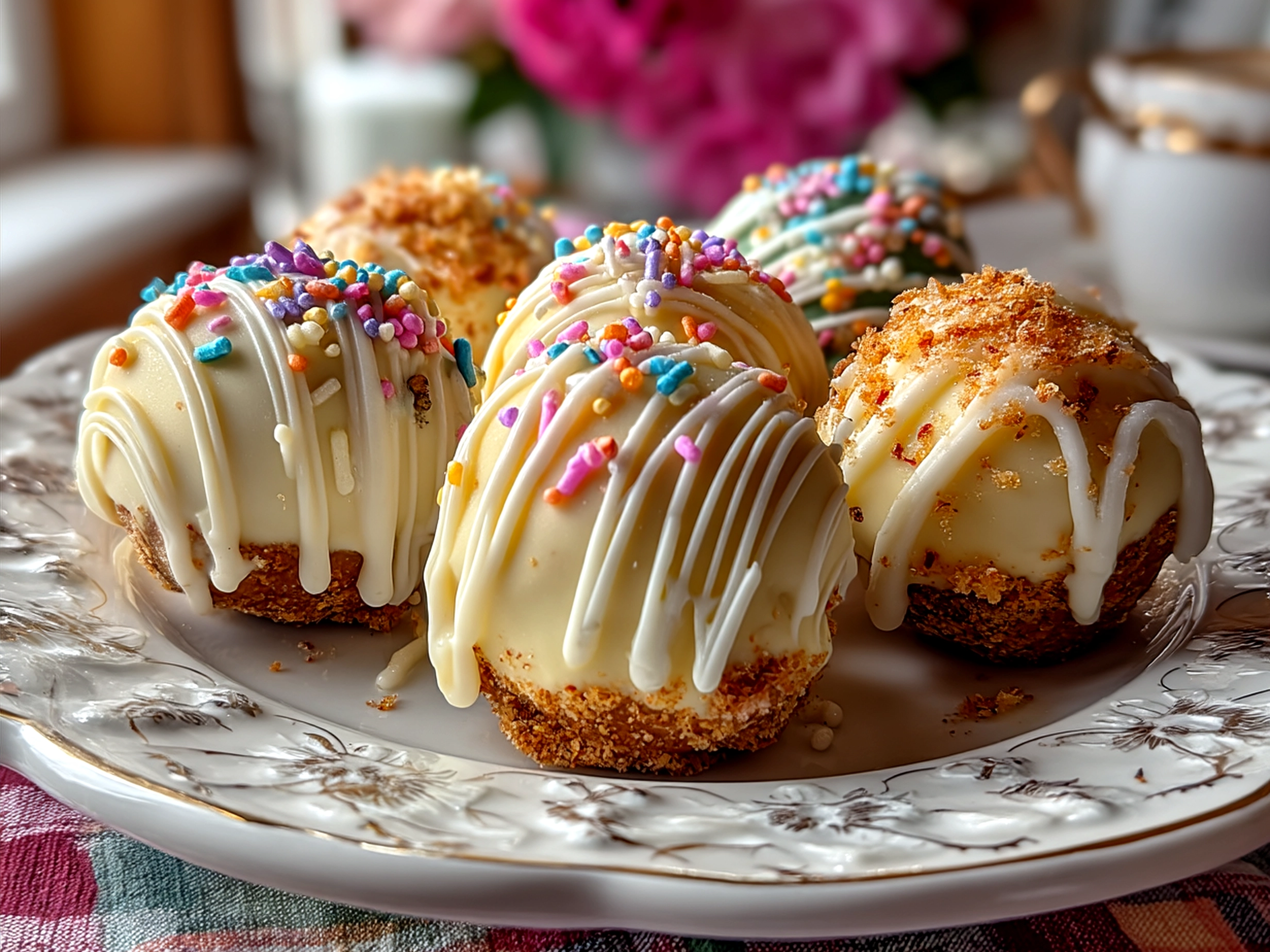 Banana Pudding Easter Truffles served on a pastel colored ceramic dish with flower decoration
