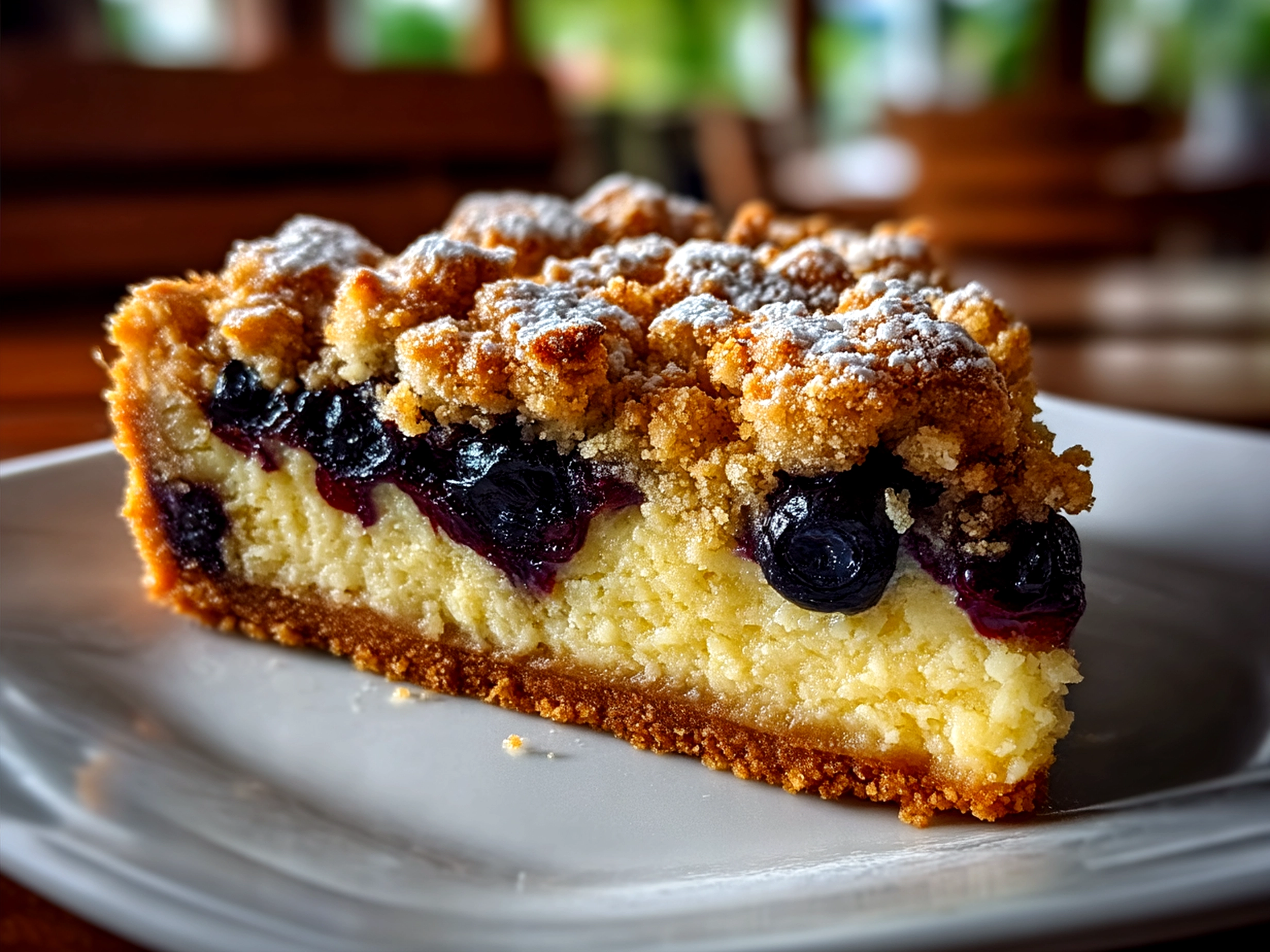 Serving plate with sliced Blueberry Crumb Cake and a cup of coffee