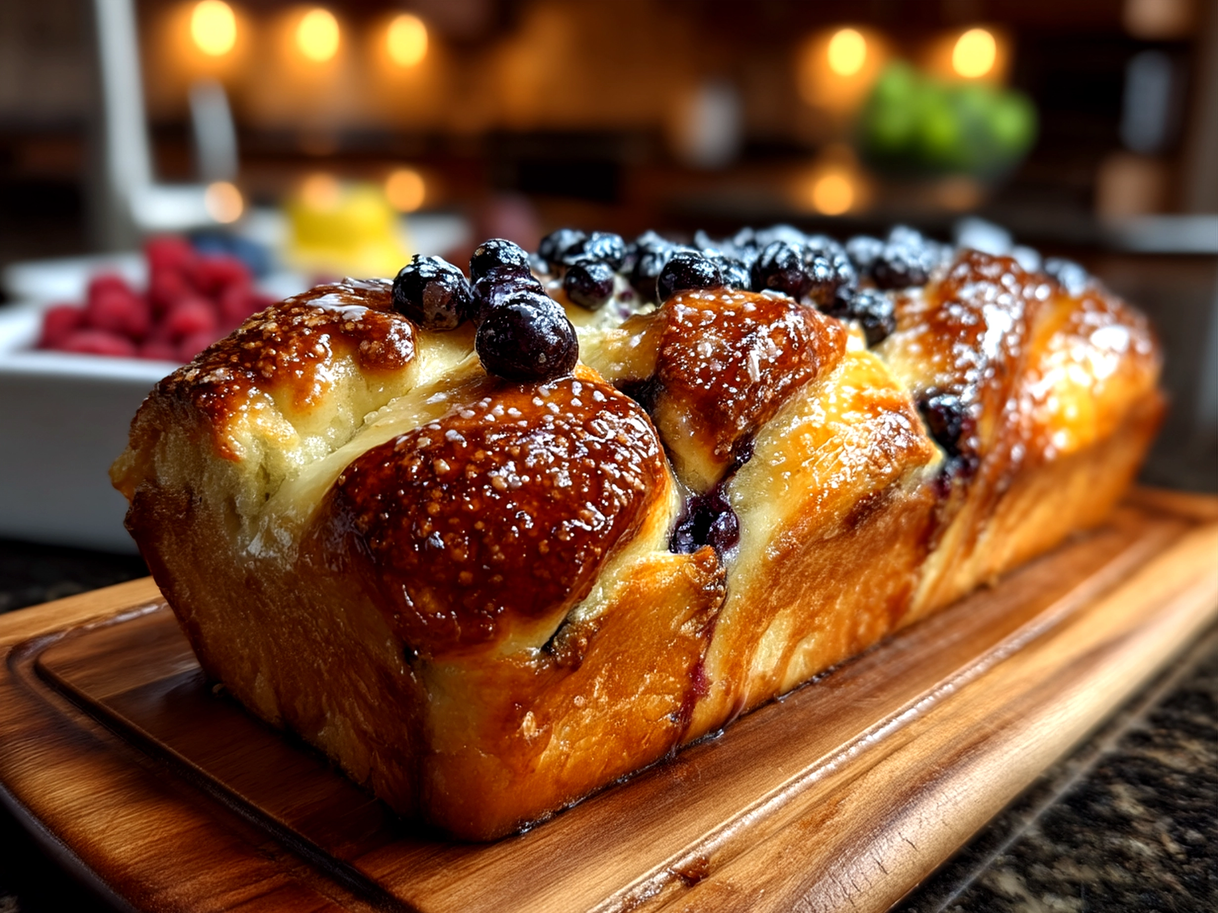 Sliced Blueberry Lemon Sourdough Babka with vibrant filling and glossy crust