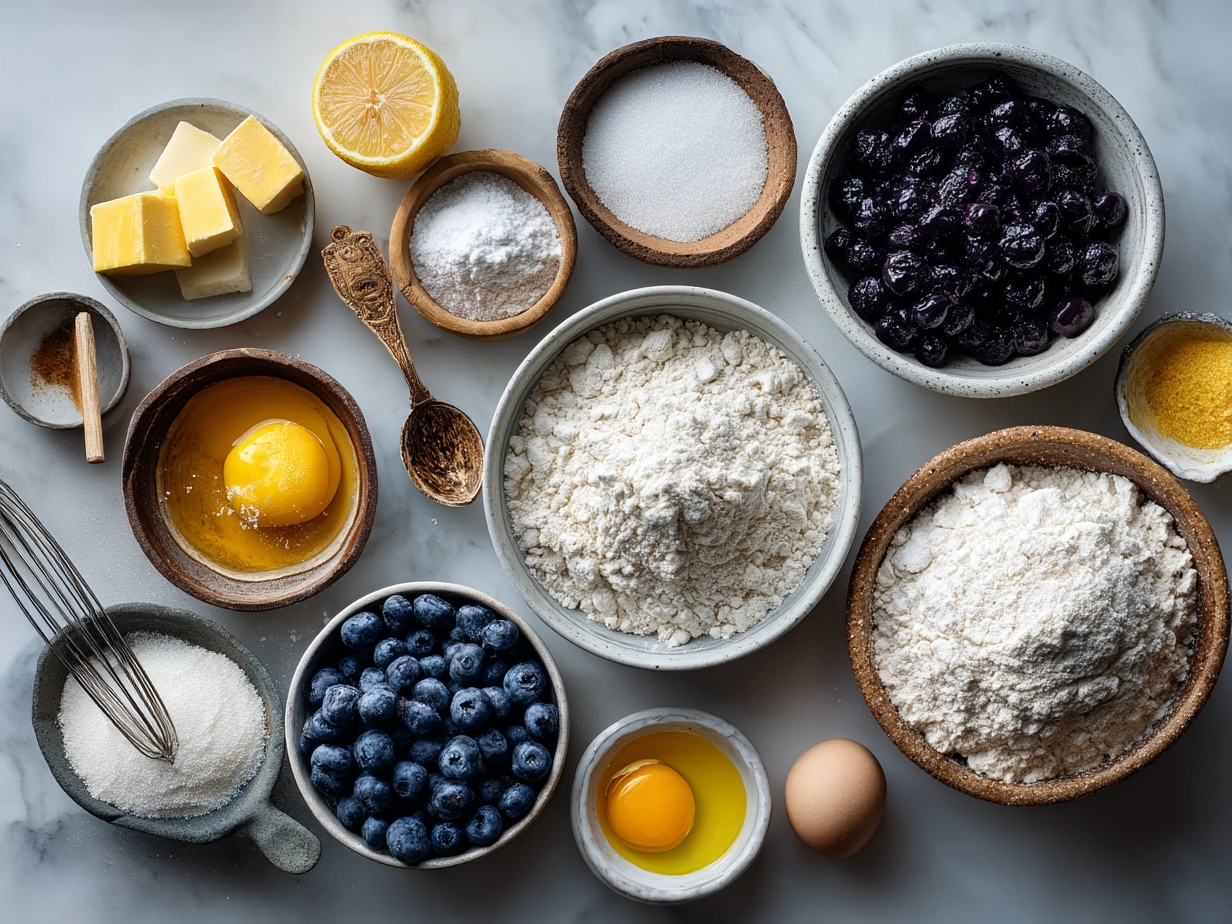 Ingredients for Blueberry Lemon Sourdough Babka laid out on a table