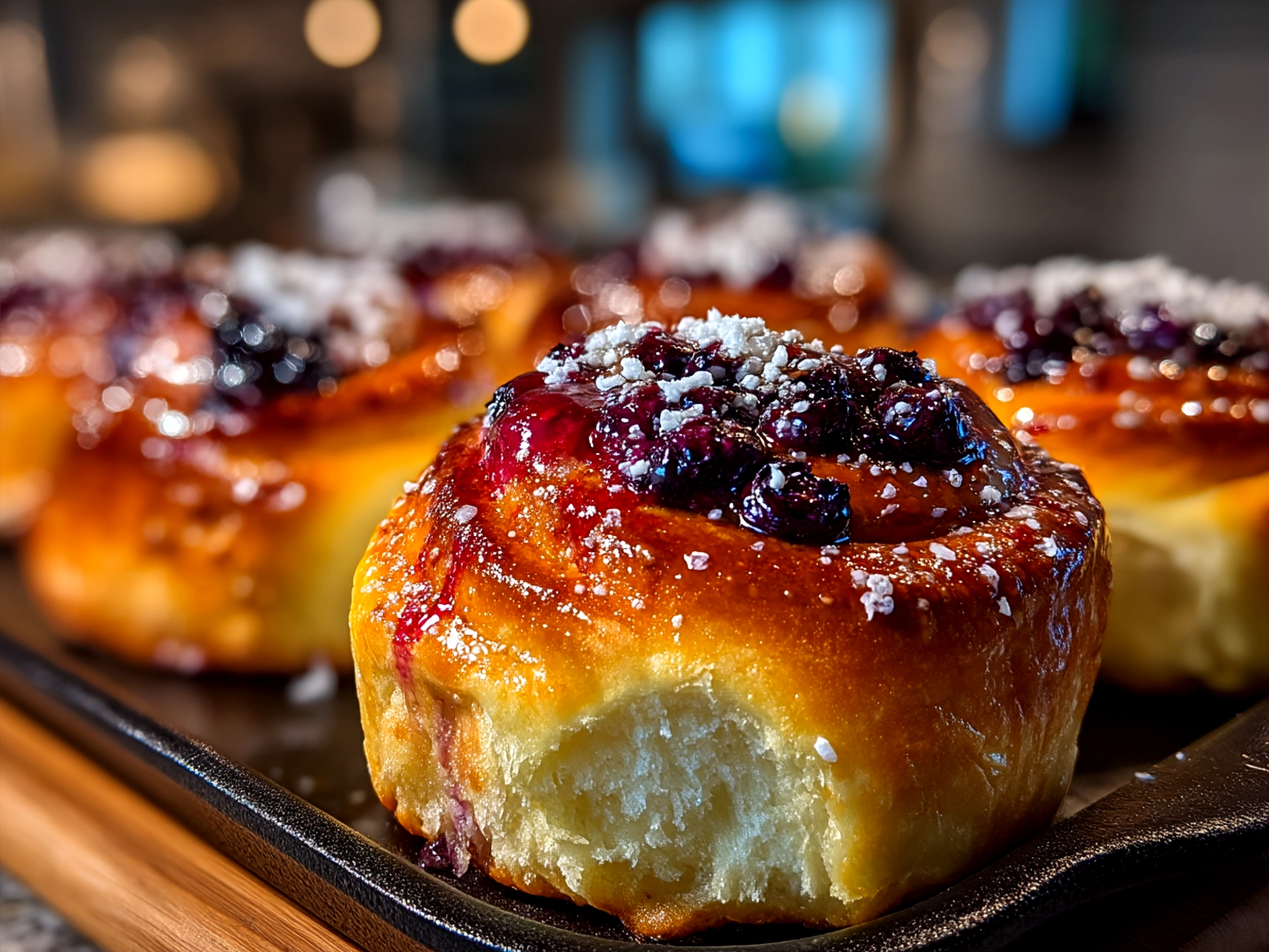 Blueberry Lemon Sourdough Sweet Rolls served on a rustic wooden board with fresh berries
