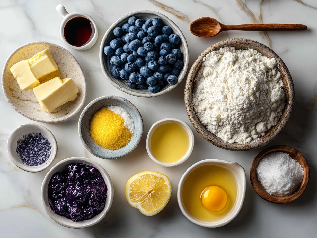 Ingredients for Blueberry Lemon Sourdough Sweet Rolls laid out neatly