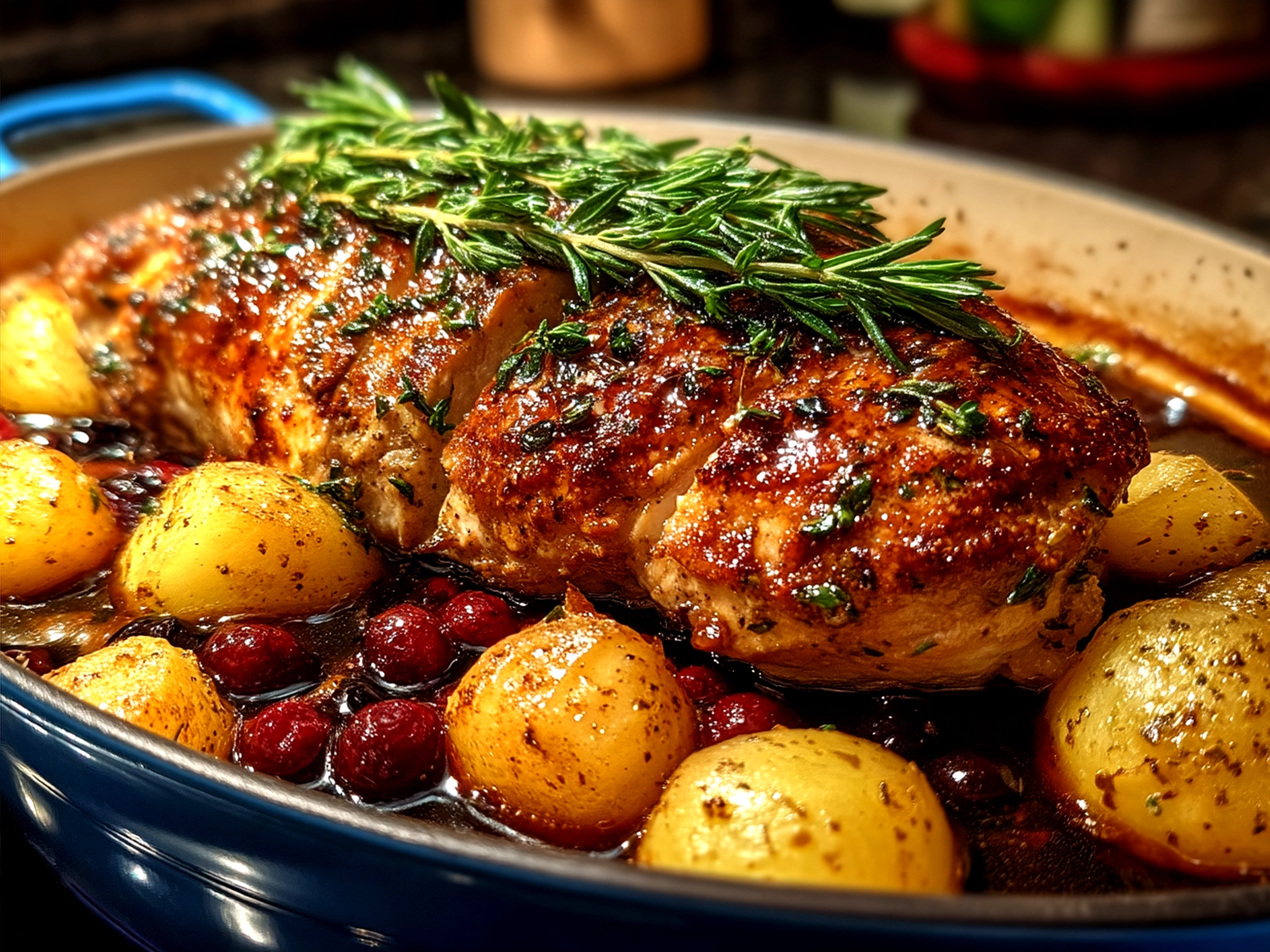 Plated Blueberry Thyme Chicken with vibrant sauce and fresh thyme garnish