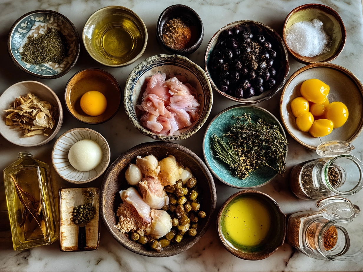 Ingredients for Blueberry Thyme Chicken including chicken thighs, blueberries, thyme, garlic, olive oil, chicken broth, balsamic vinegar, honey, salt, and pepper
