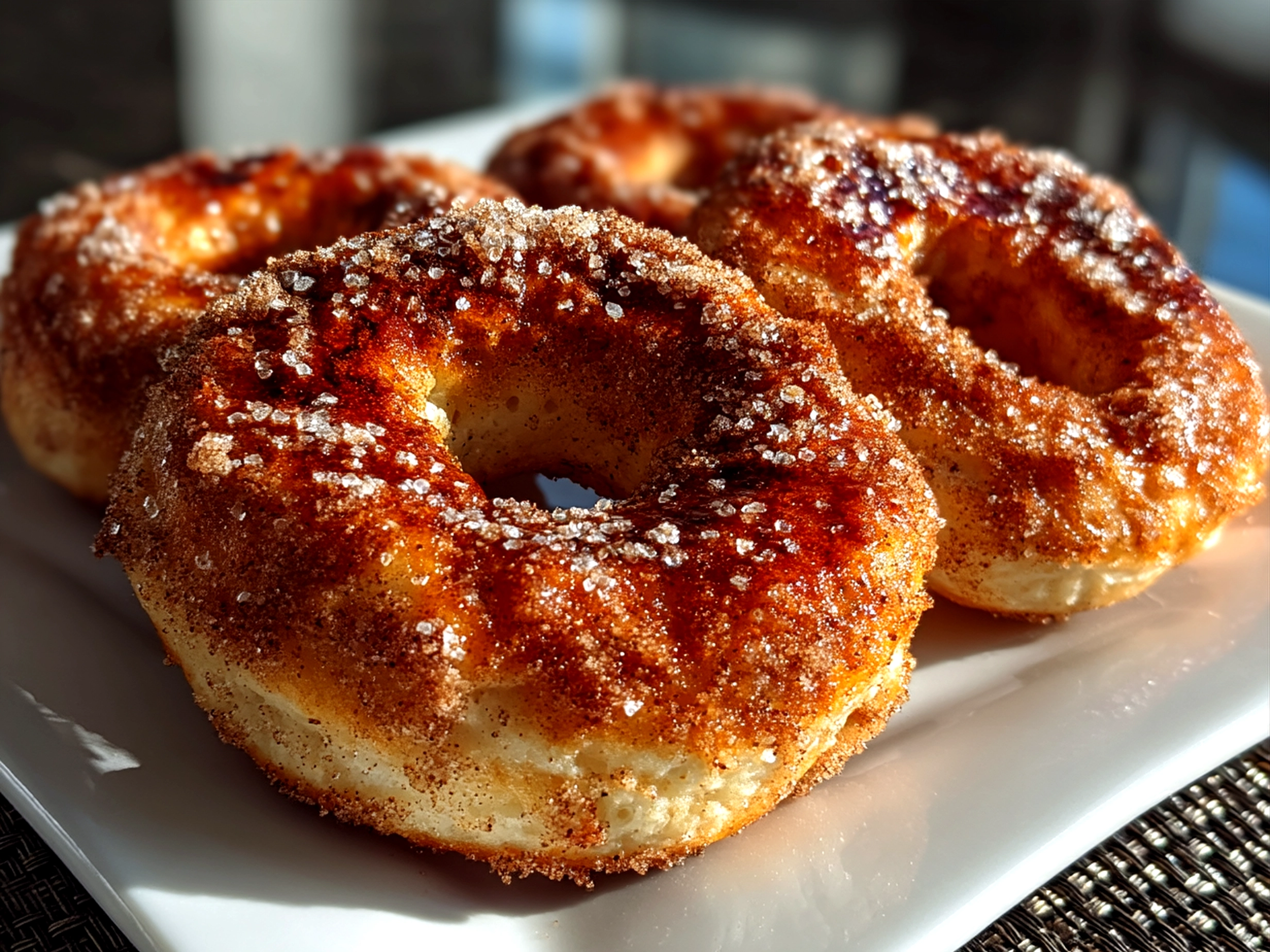 Freshly baked cinnamon sugar bagels served warm with cream cheese