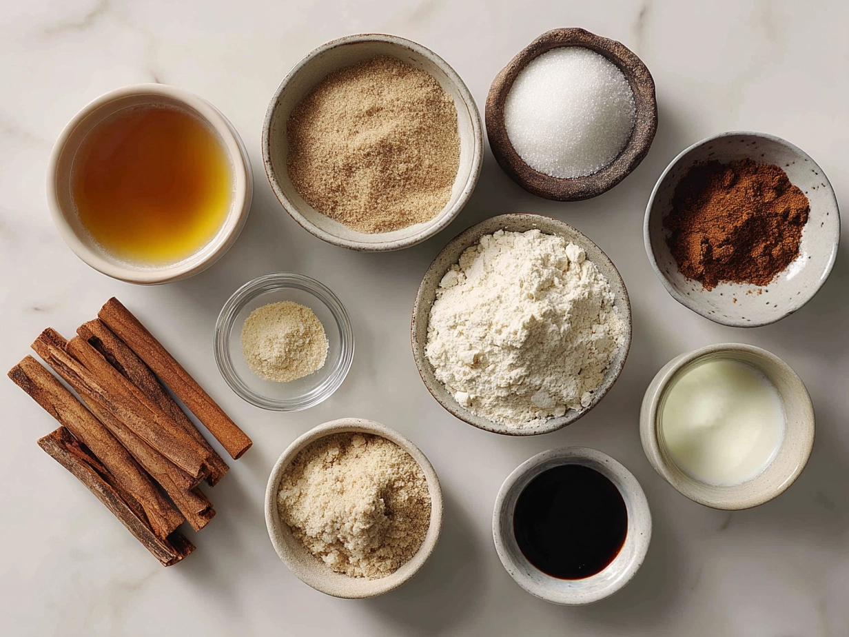 Ingredients for making cinnamon sugar bagels including flour, sugar, yeast, cinnamon and water