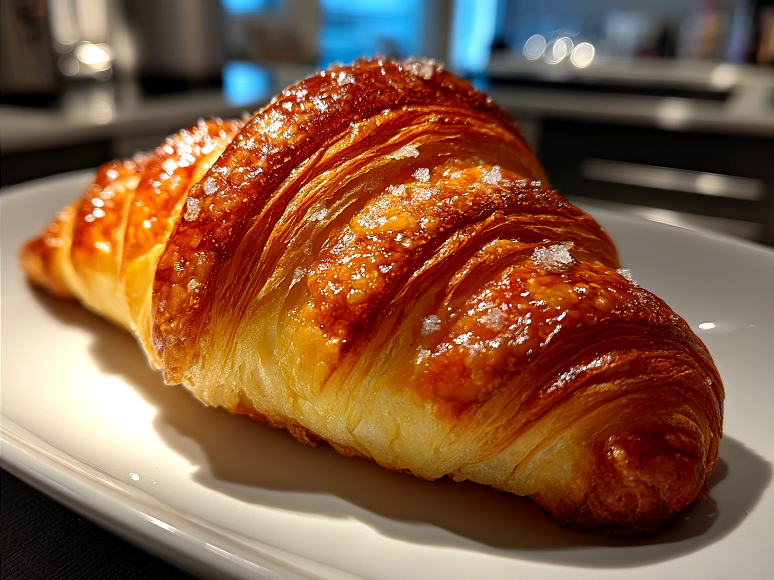 Golden flaky cookie croissant on a plate served with coffee