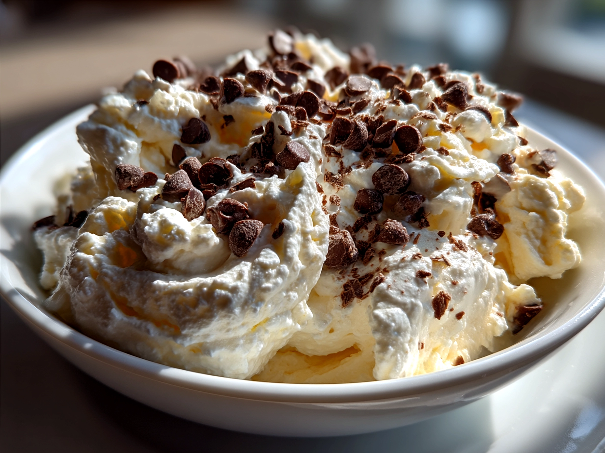 Served Cookie Dough Greek Yogurt with Chocolate Chips in a bowl