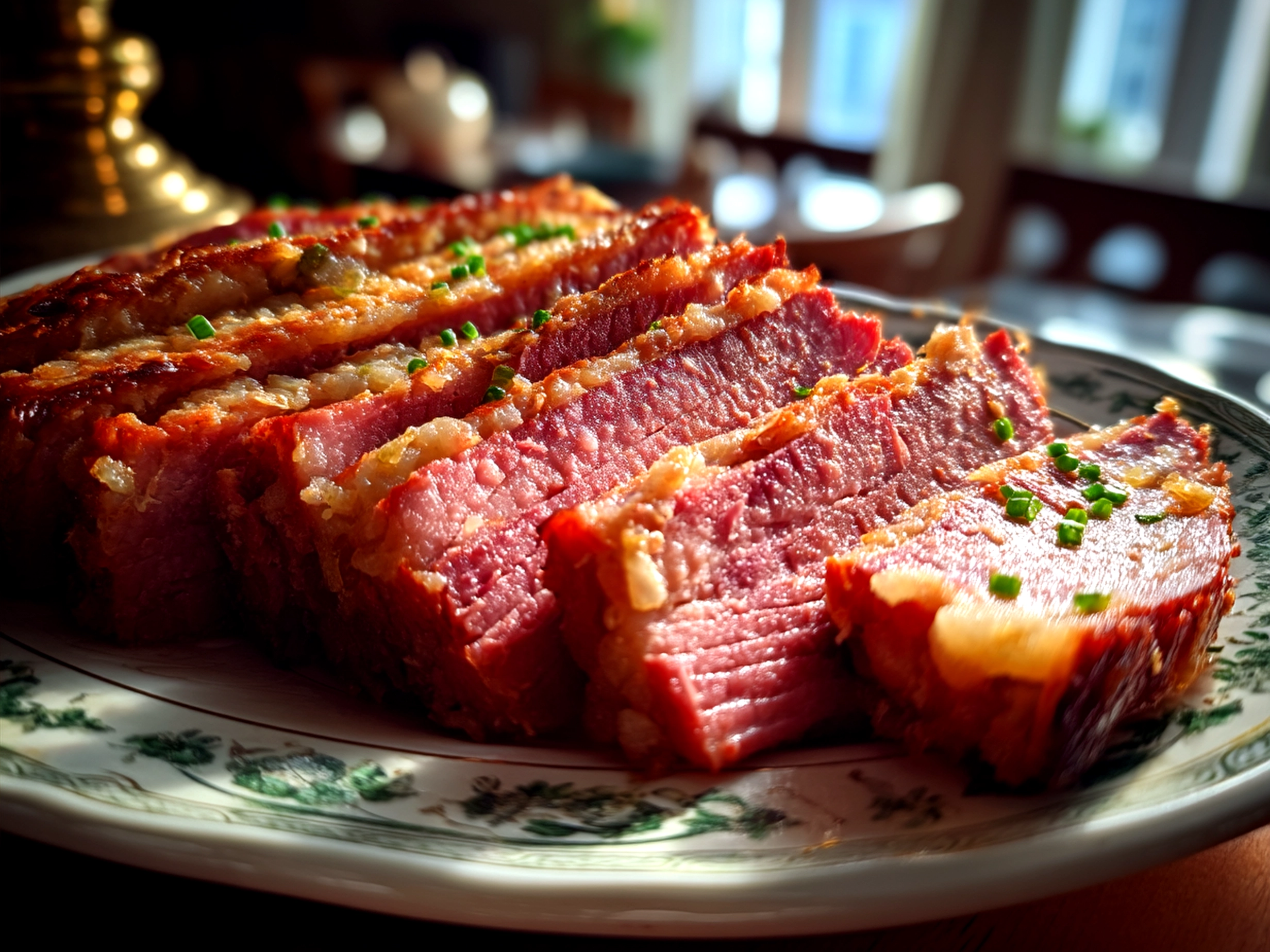 Served corned beef with vegetables on a large platter, a classic hearty meal