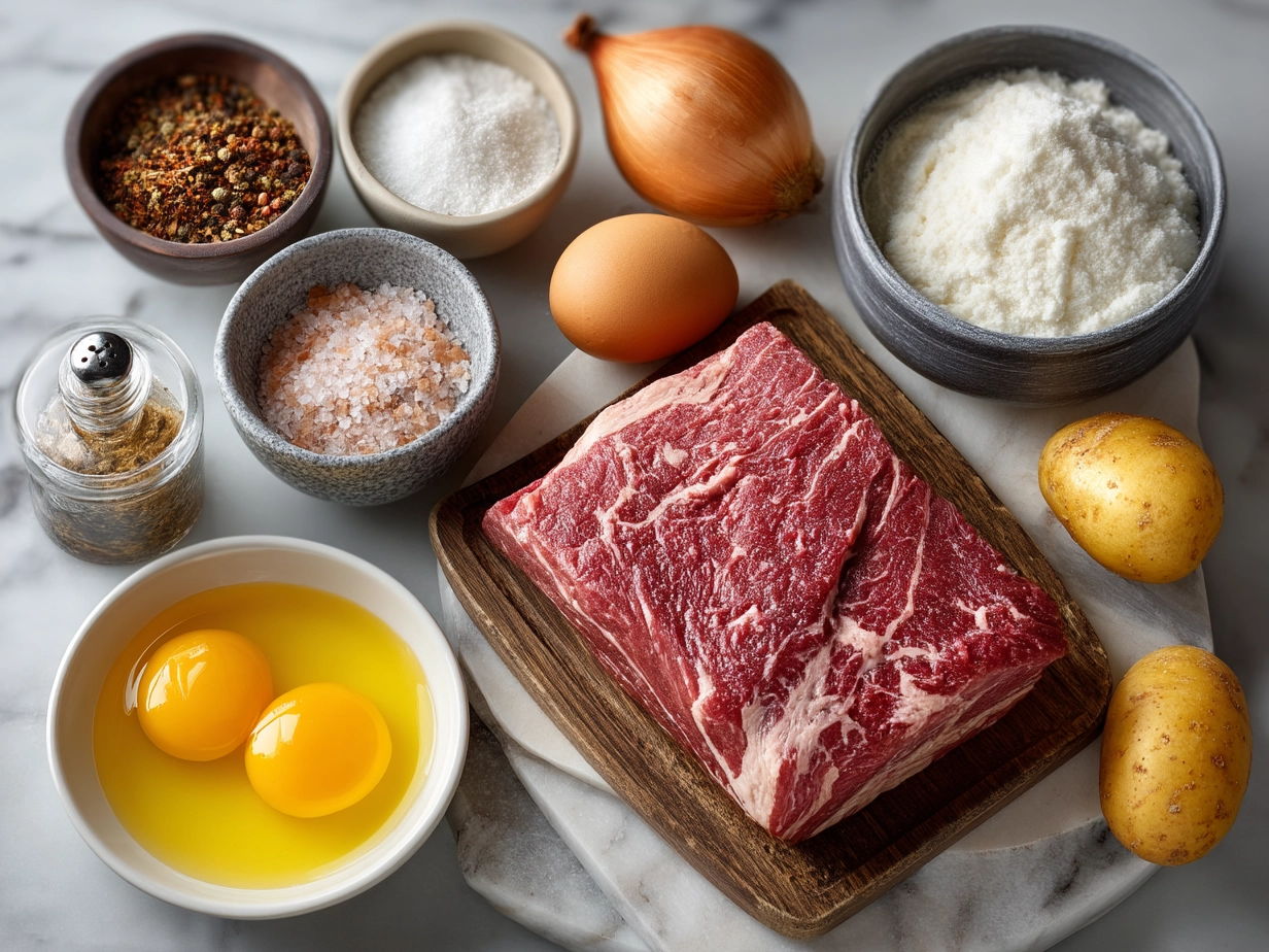 Ingredients for making corned beef including carrots, potatoes, onions, and spices