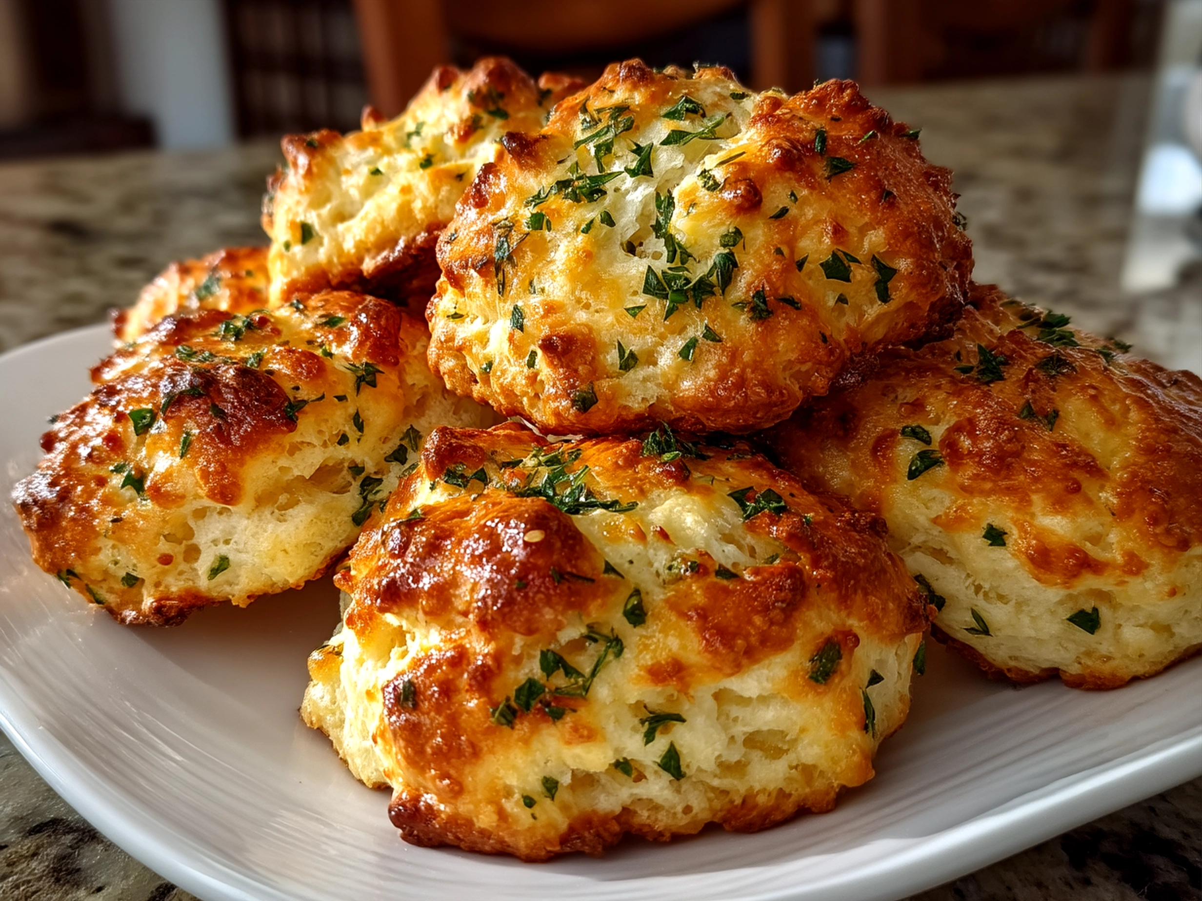 Savory cottage cheese and herb biscuits served on a rustic wooden board with fresh herbs garnish