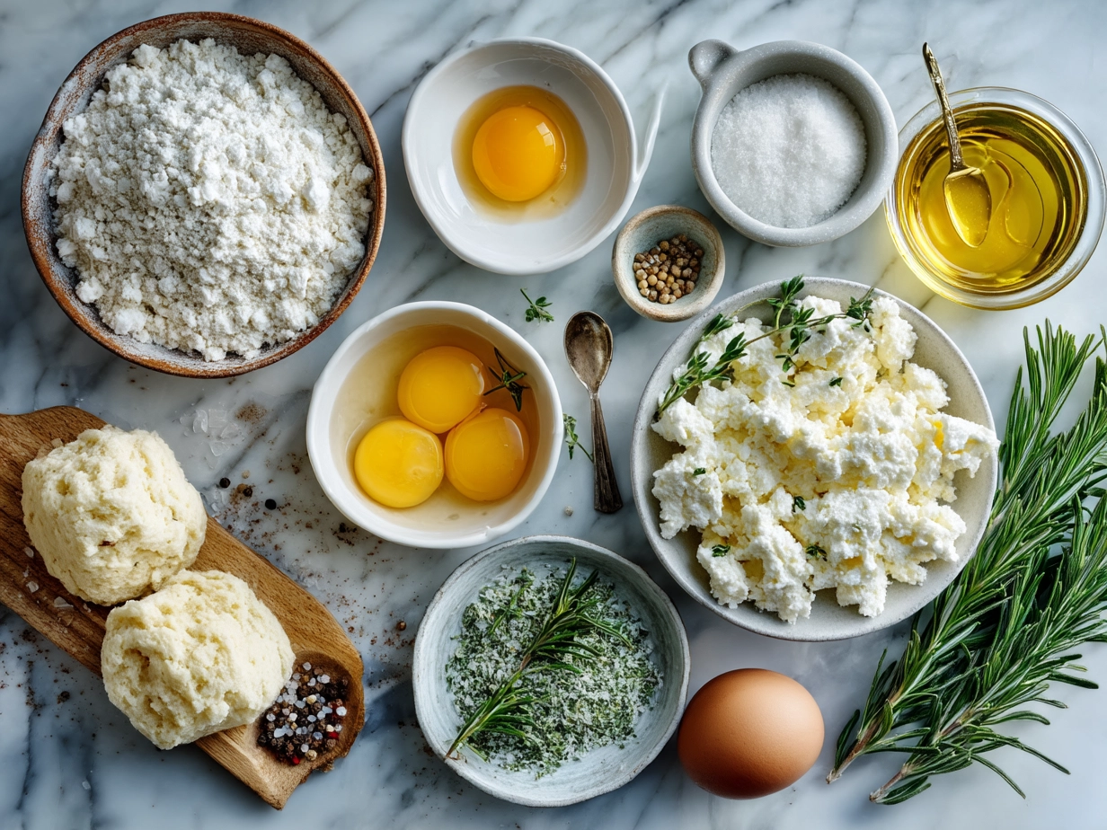 Ingredients for cottage cheese and herb biscuits including flour, butter, eggs, herbs, and cottage cheese