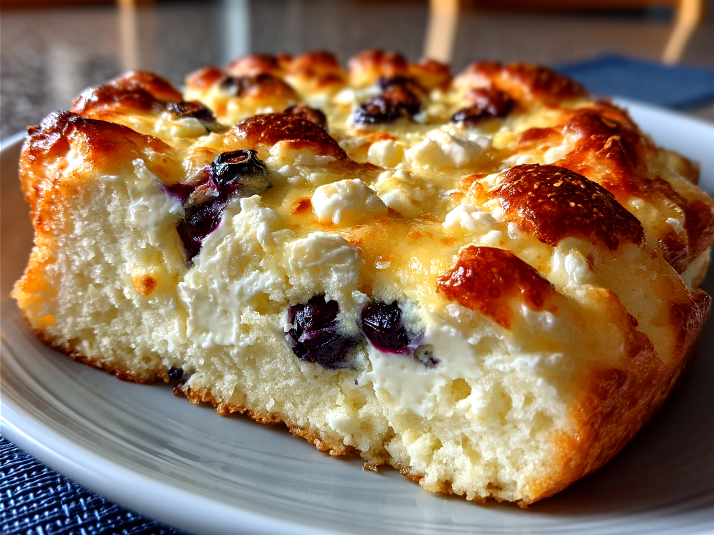 Serving suggestion of Cottage Cheese Blueberry Cloud Bread with fresh blueberries and yogurt