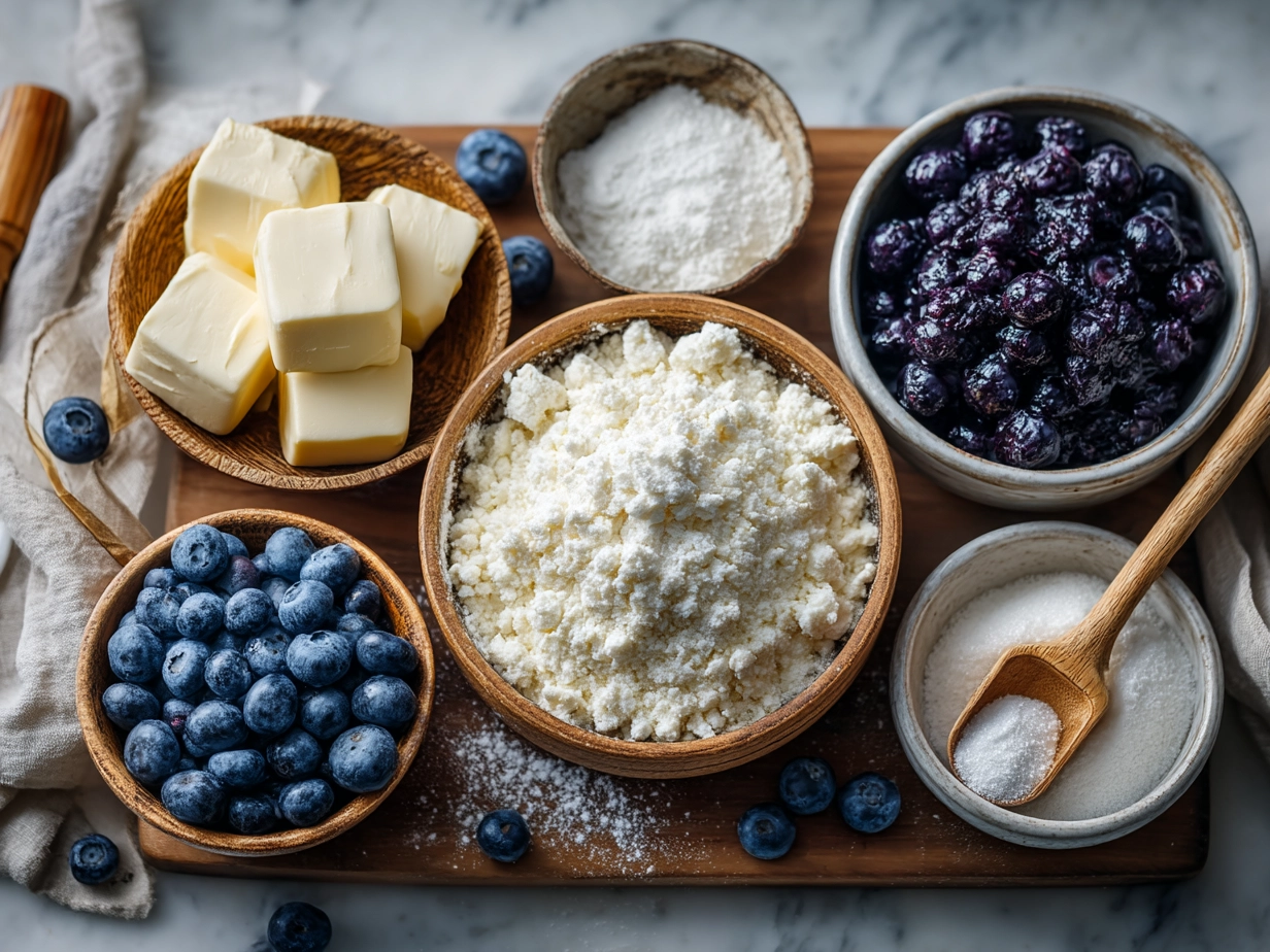 Ingredients for Cottage Cheese Blueberry Cloud Bread including eggs, cottage cheese, fresh blueberries, honey and vanilla