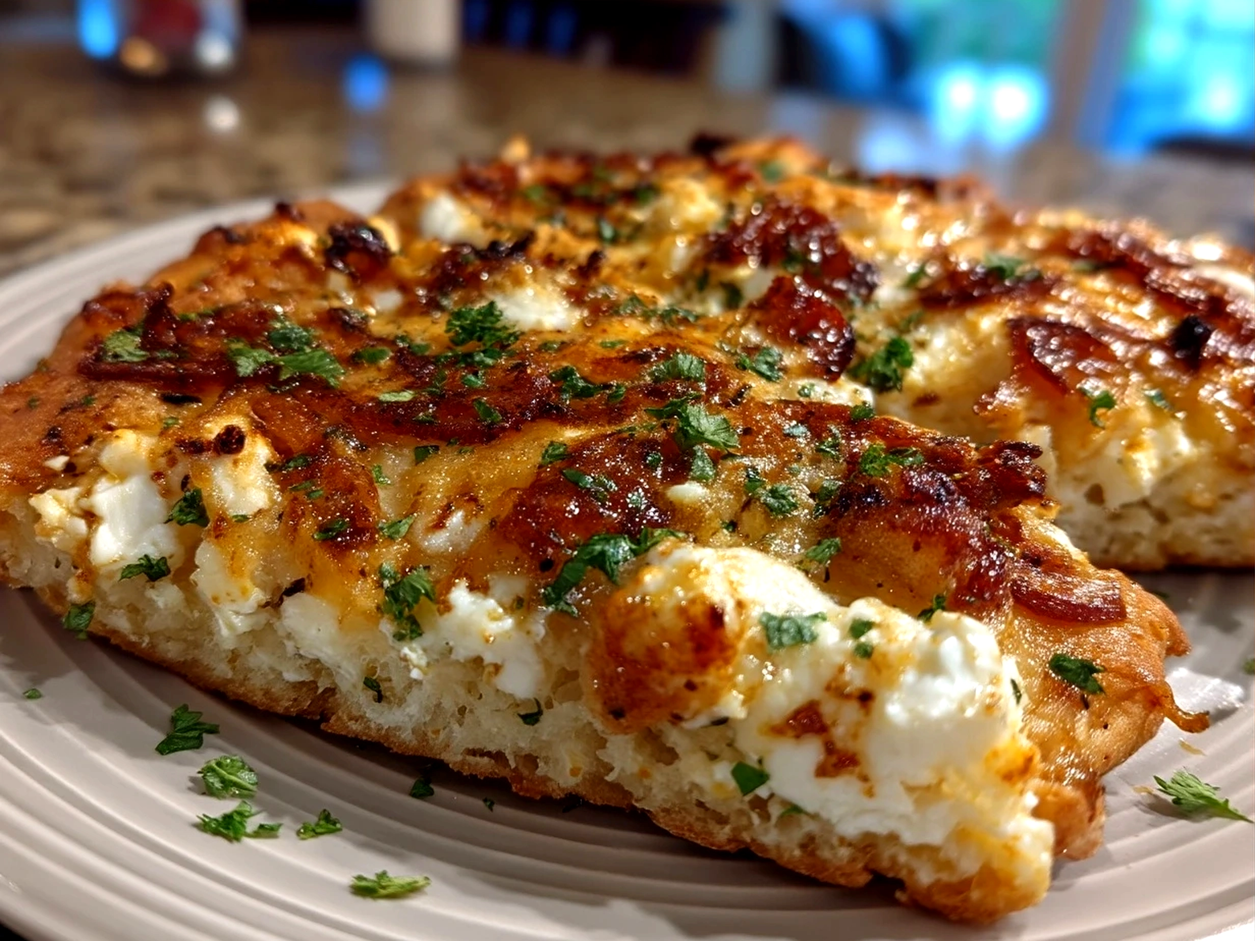 Freshly baked cottage cheese flatbread pizza served on a wooden board with basil garnish