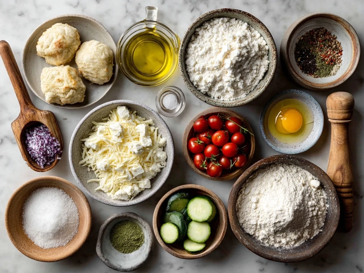 Ingredients for cottage cheese flatbread pizza including flatbread, cottage cheese, cherry tomatoes, spinach, and herbs