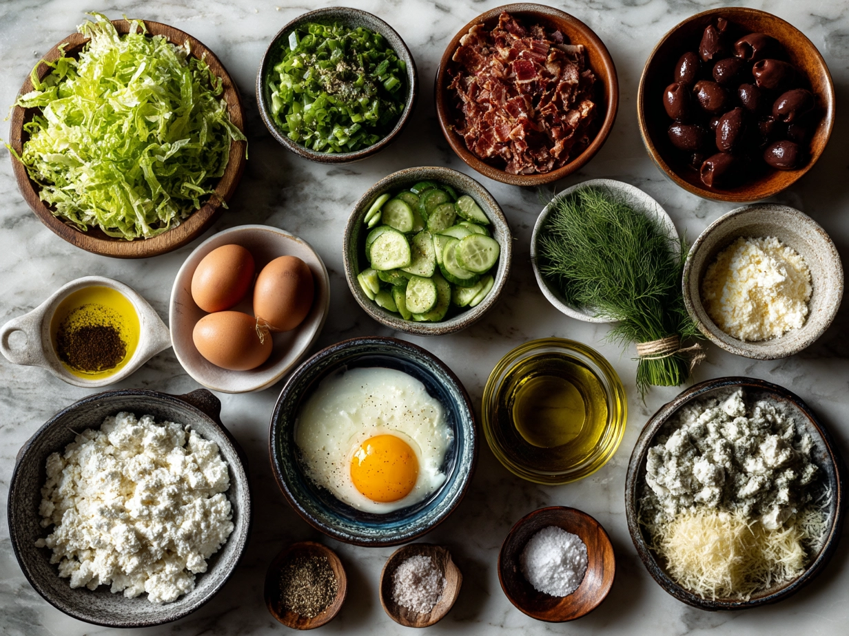 Fresh ingredients laid out for Cottage Cheese Wraps including cottage cheese, veggies, and spices