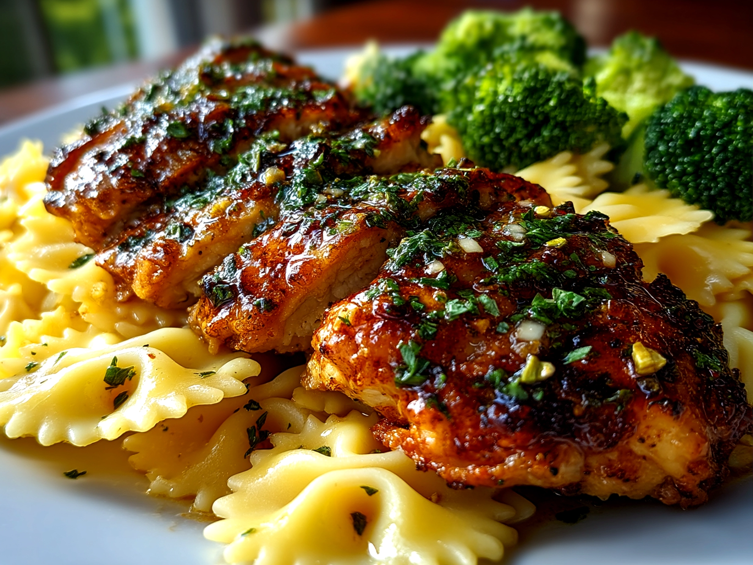 Served Cowboy Butter Lemon Bowtie Chicken with Broccoli