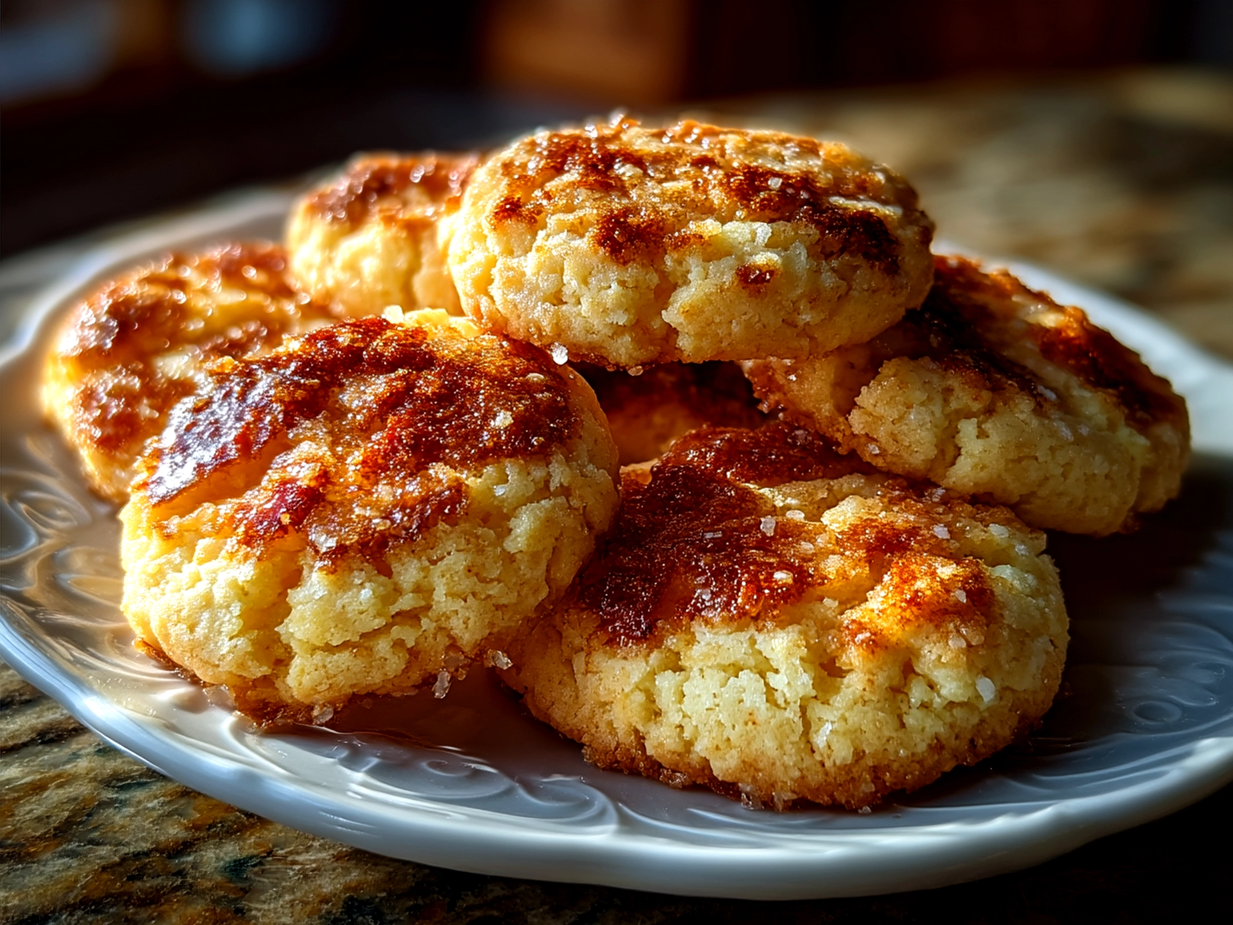 Creme Brulee Cookies served on a rustic wooden board, showing golden caramelized sugar tops
