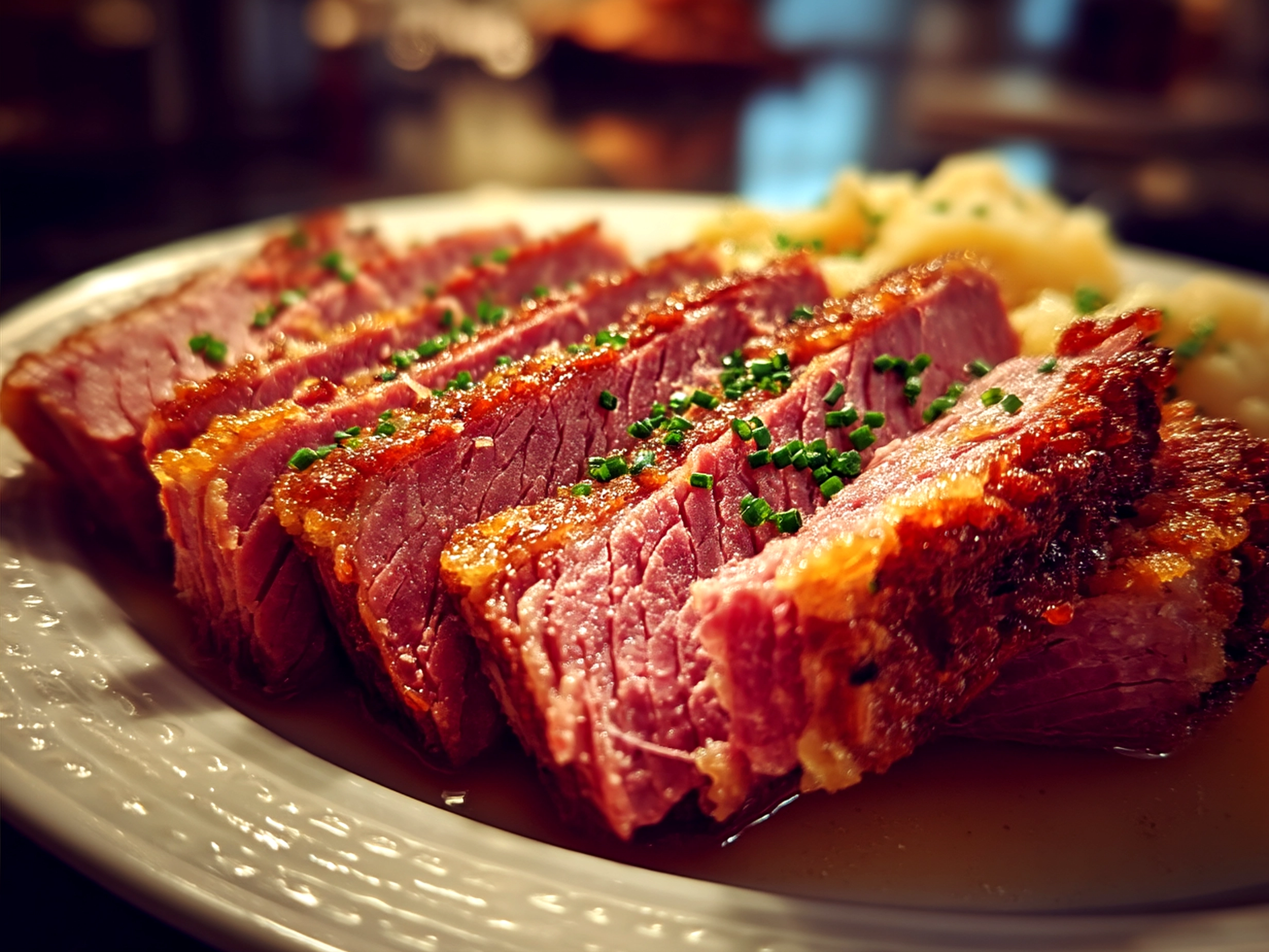Slices of slow cooker corned beef served with carrots, potatoes, cabbage, and garnished with parsley