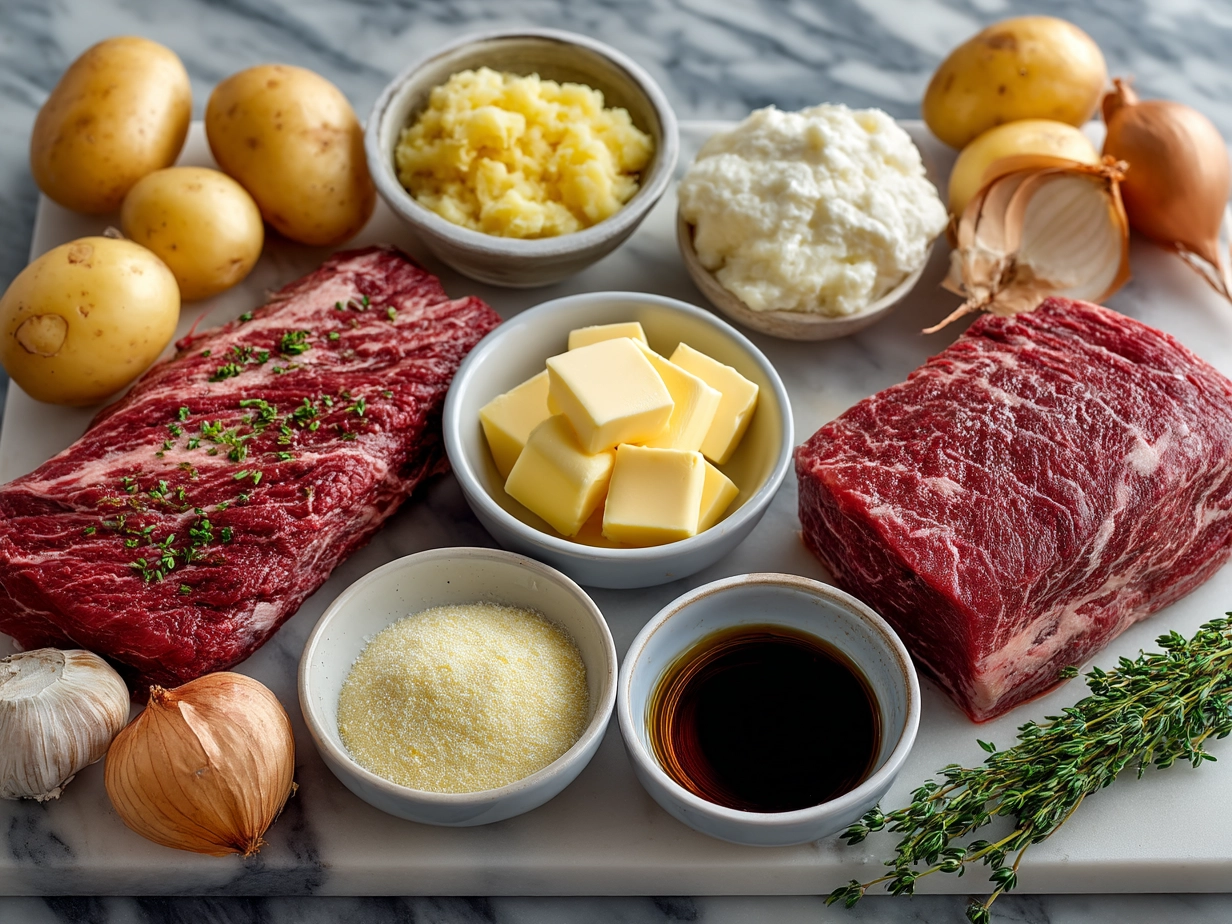 Ingredients for slow cooker corned beef including brisket, garlic, carrots, potatoes, cabbage, spices, and broth