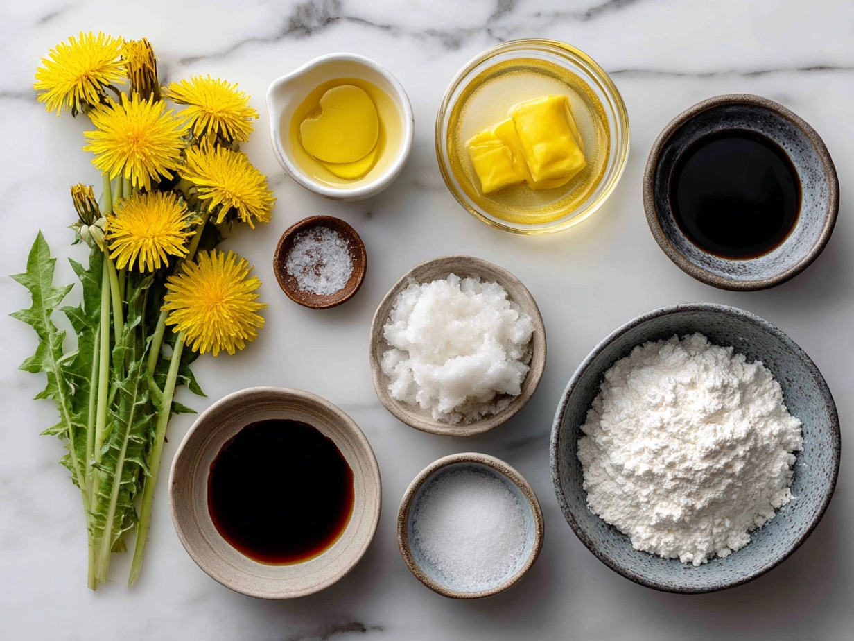 Ingredients for homemade dandelion jelly including dandelion petals, sugar, lemon juice, pectin, and water