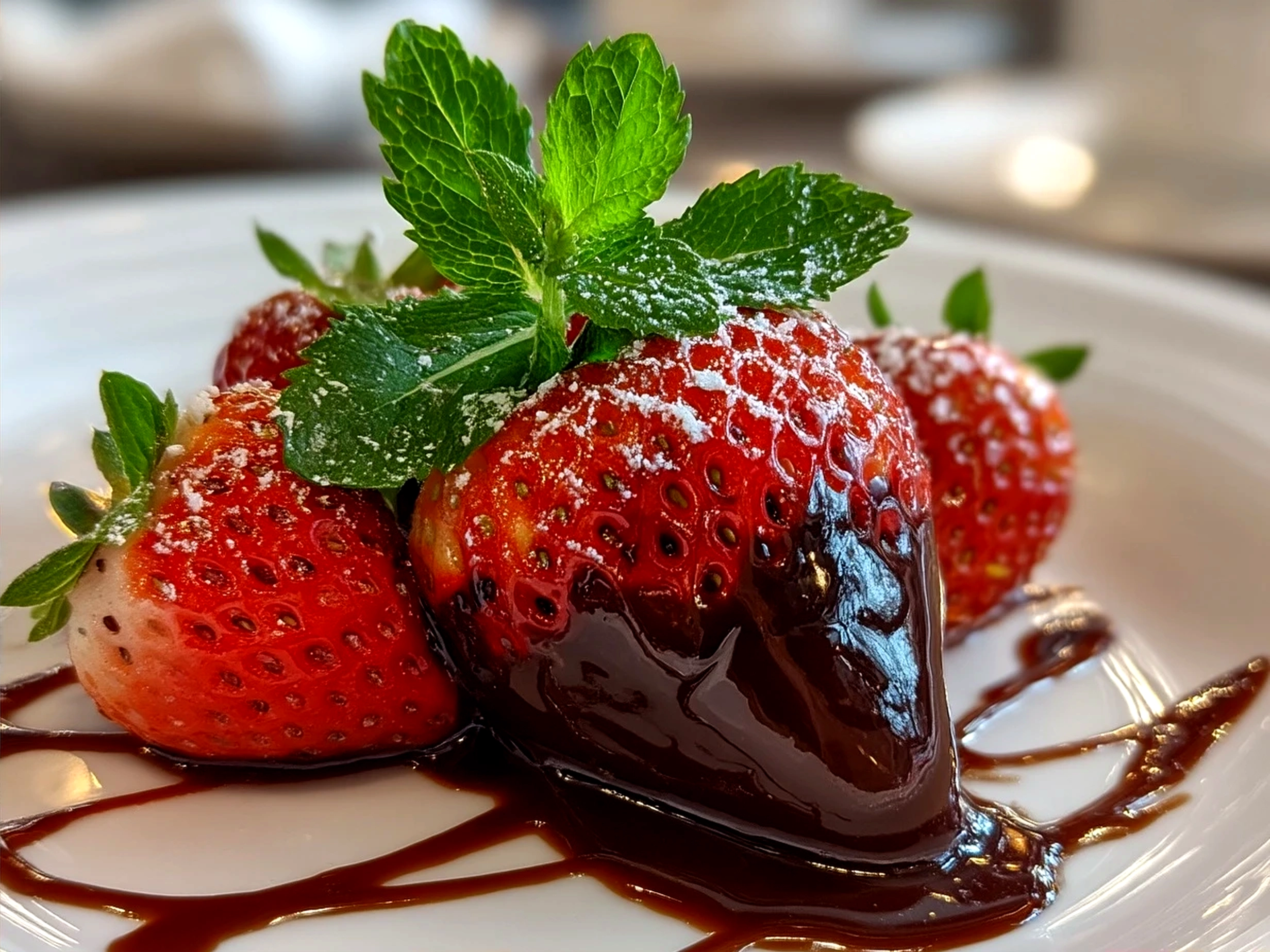Finished Dubai Chocolate Strawberry Cups garnished with fresh strawberries and mint