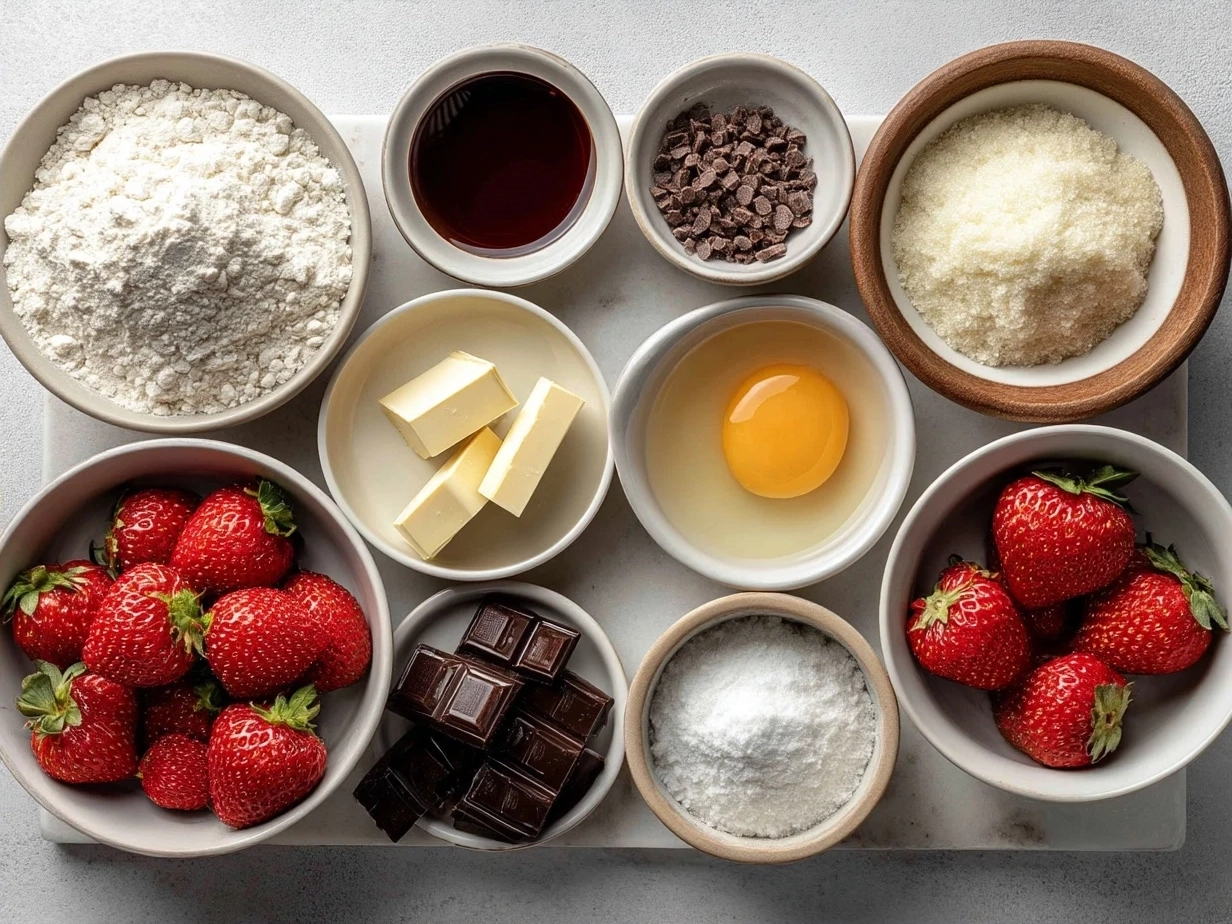 Ingredients for Dubai Chocolate Strawberry Cup including dark chocolate, heavy cream, strawberries, and more