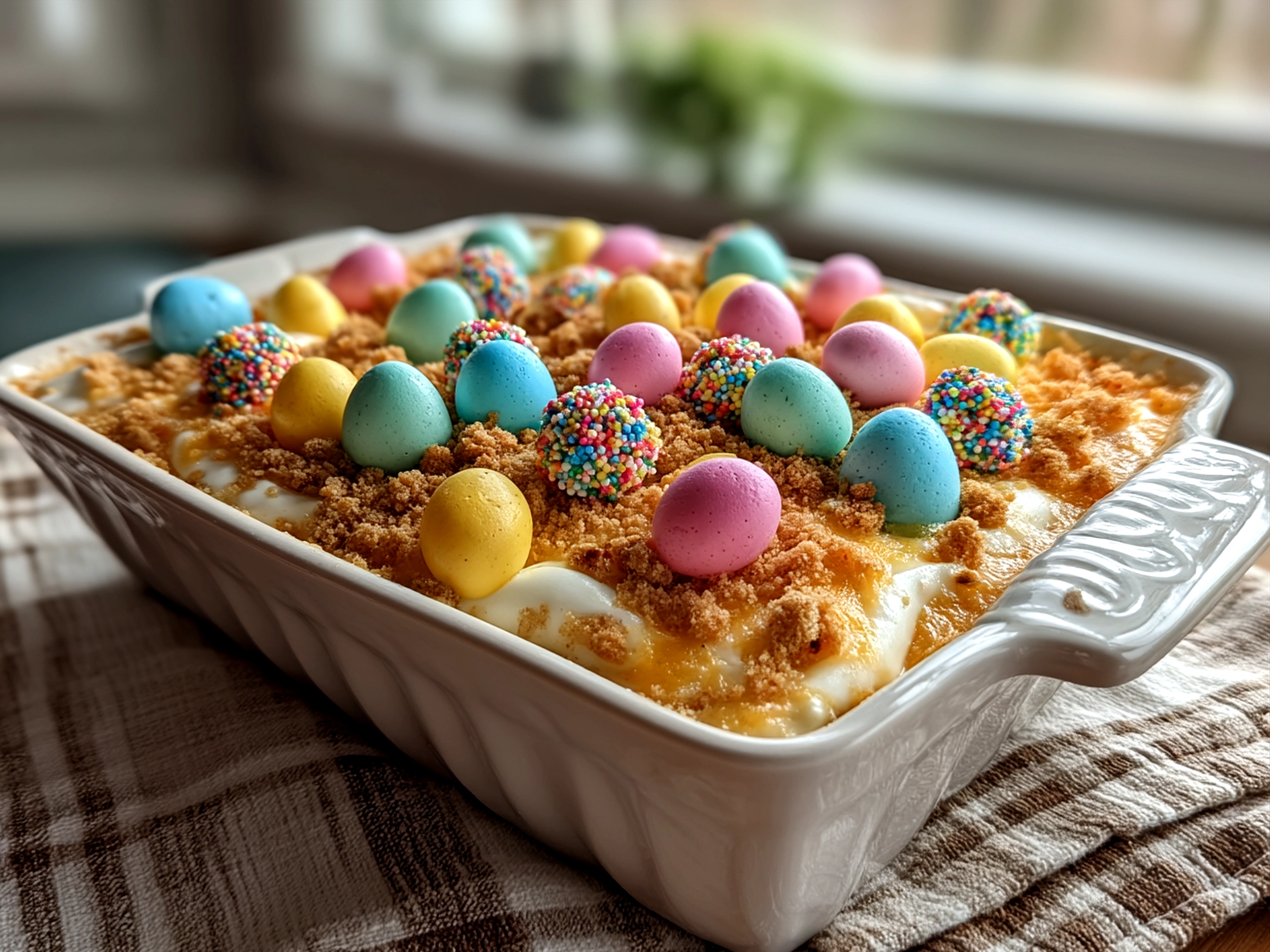 Served Easter Dirt Cake Casserole decorated with candy and mint