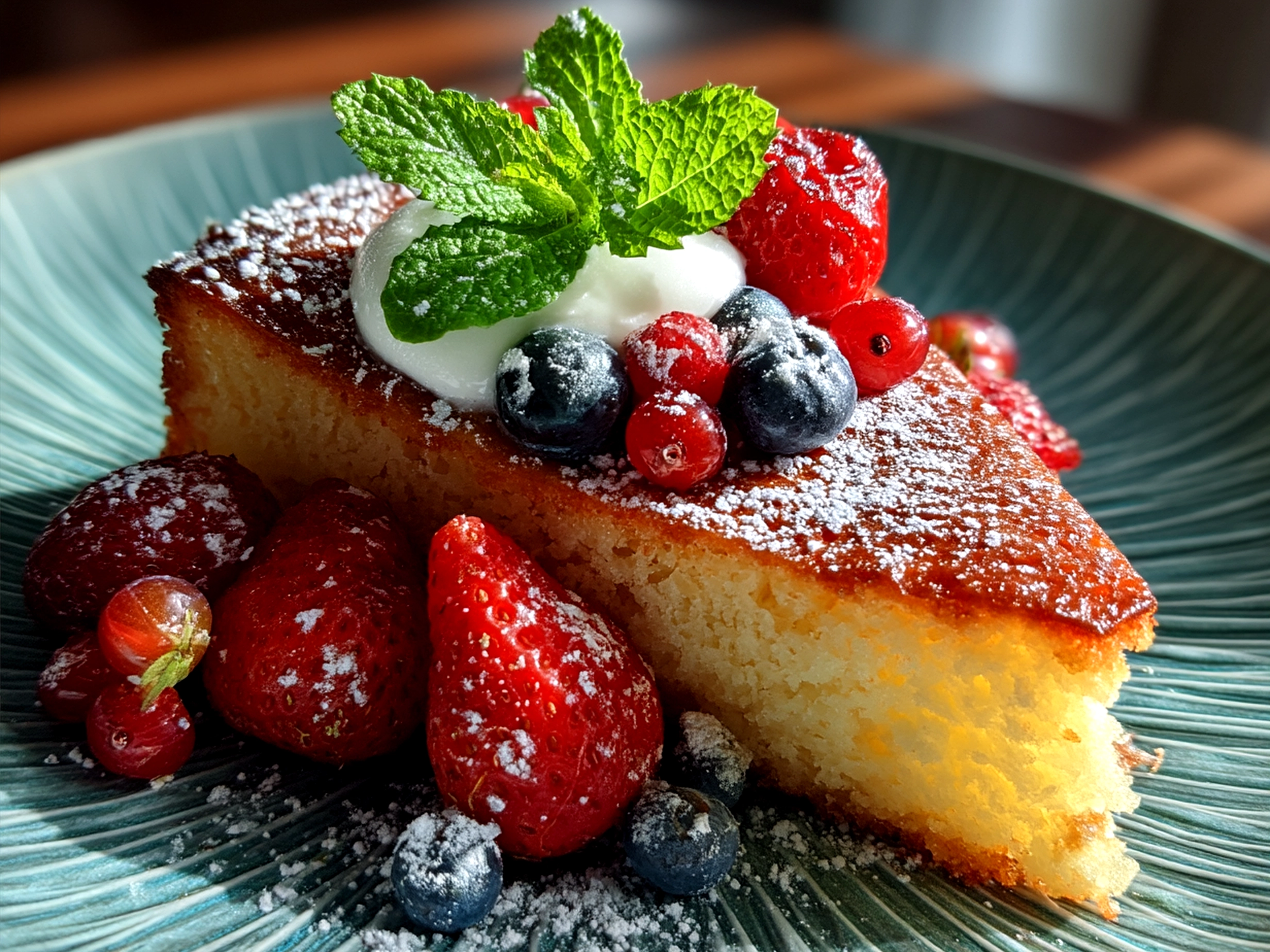 Sliced Flourless Yogurt Cake served with fresh berries and a drizzle of honey