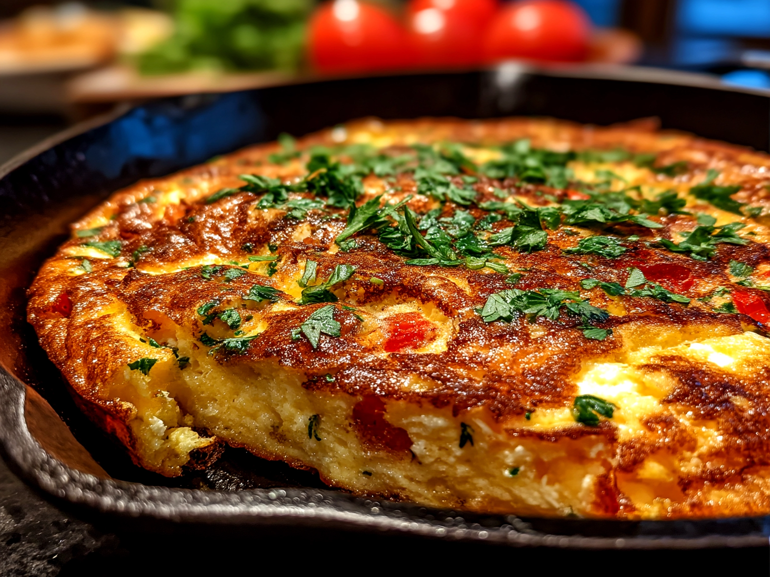 A perfectly baked frittata served with fresh herbs and salad