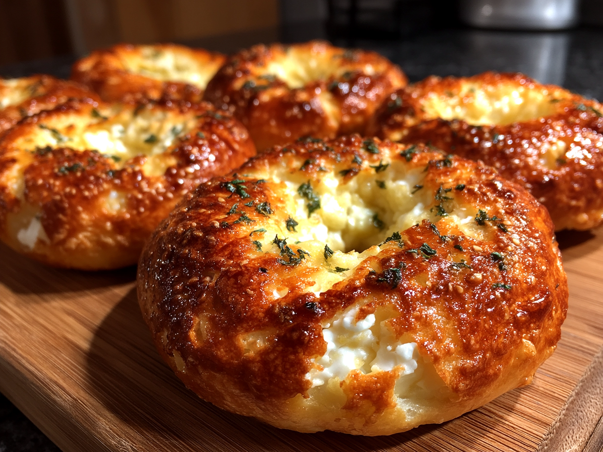 Freshly baked Garlic-Parmesan Cottage Cheese Bagels served