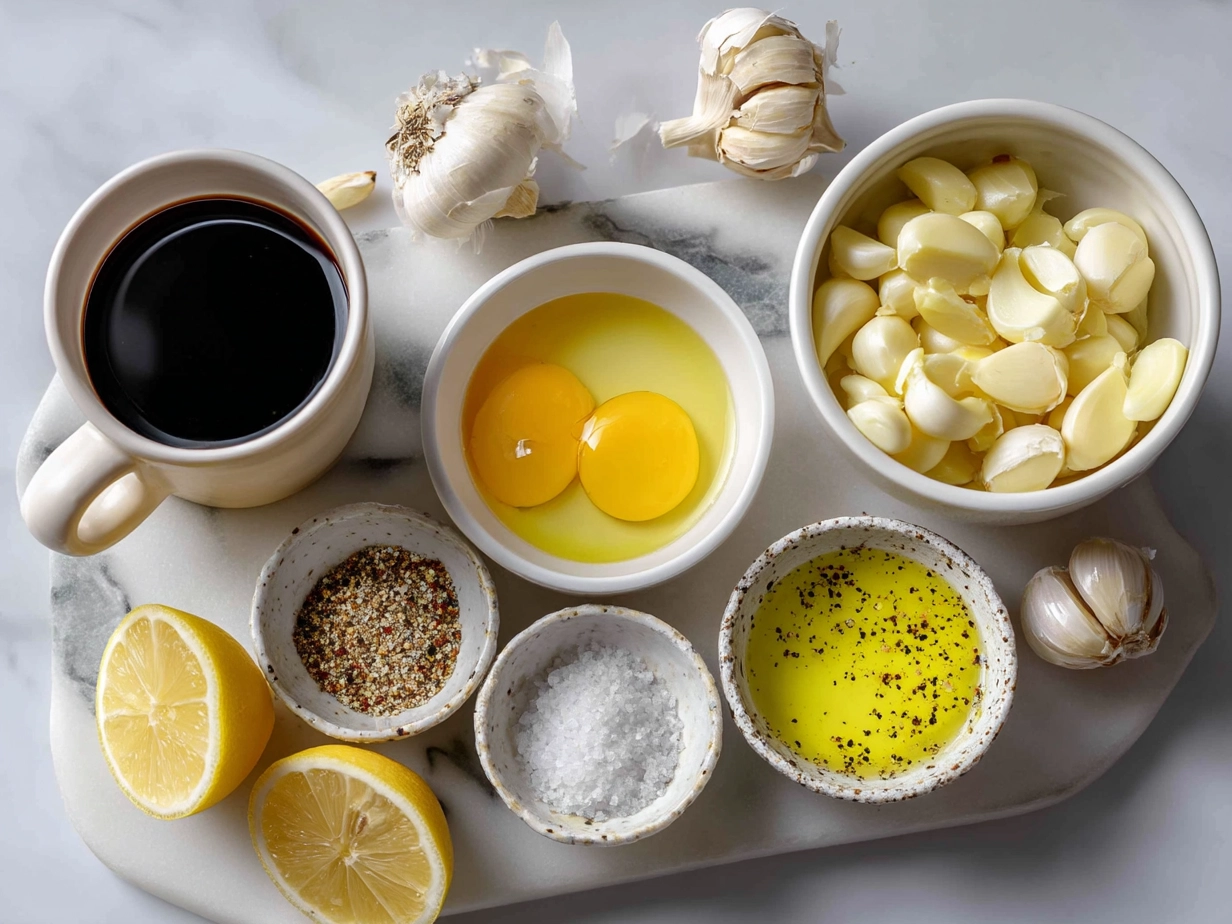 Ingredients for Garlic Aioli Sauce including garlic cloves, egg yolk, lemon, oil, and black pepper