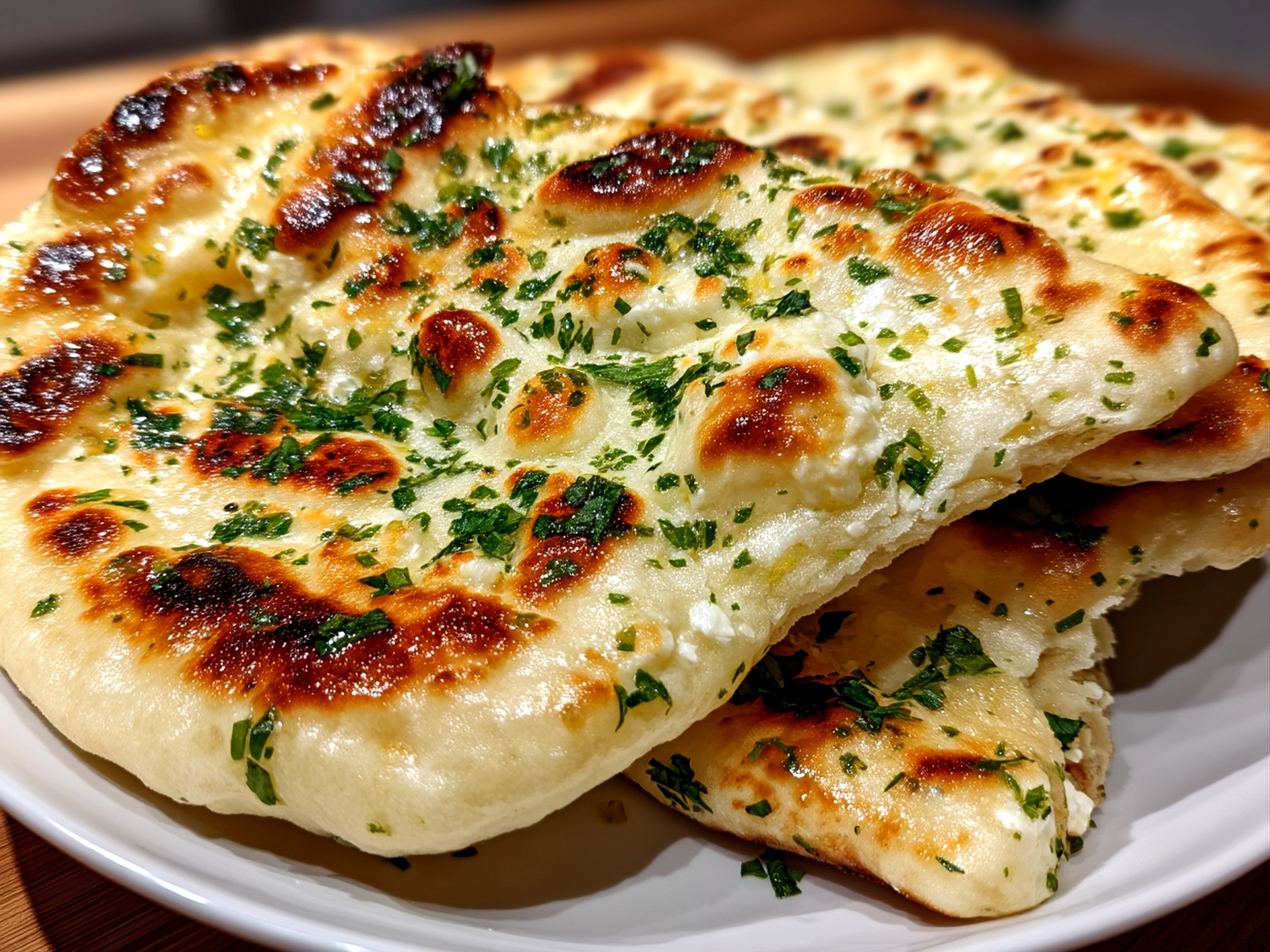 Garlic cottage cheese naan served with Indian lentil curry and chutneys on a rustic table