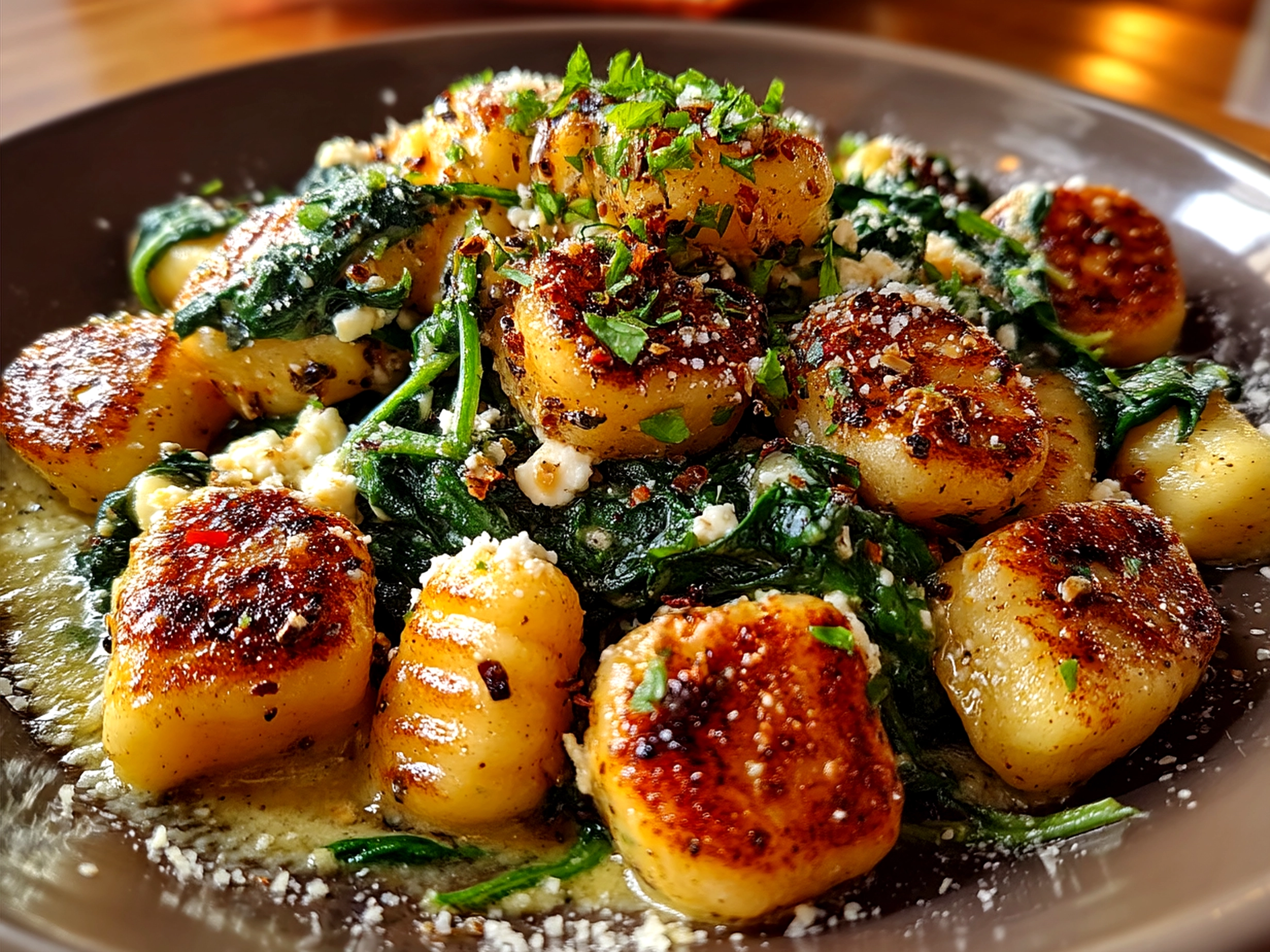Serving Gnocchi with Spinach and Feta garnished with fresh herbs in a rustic bowl