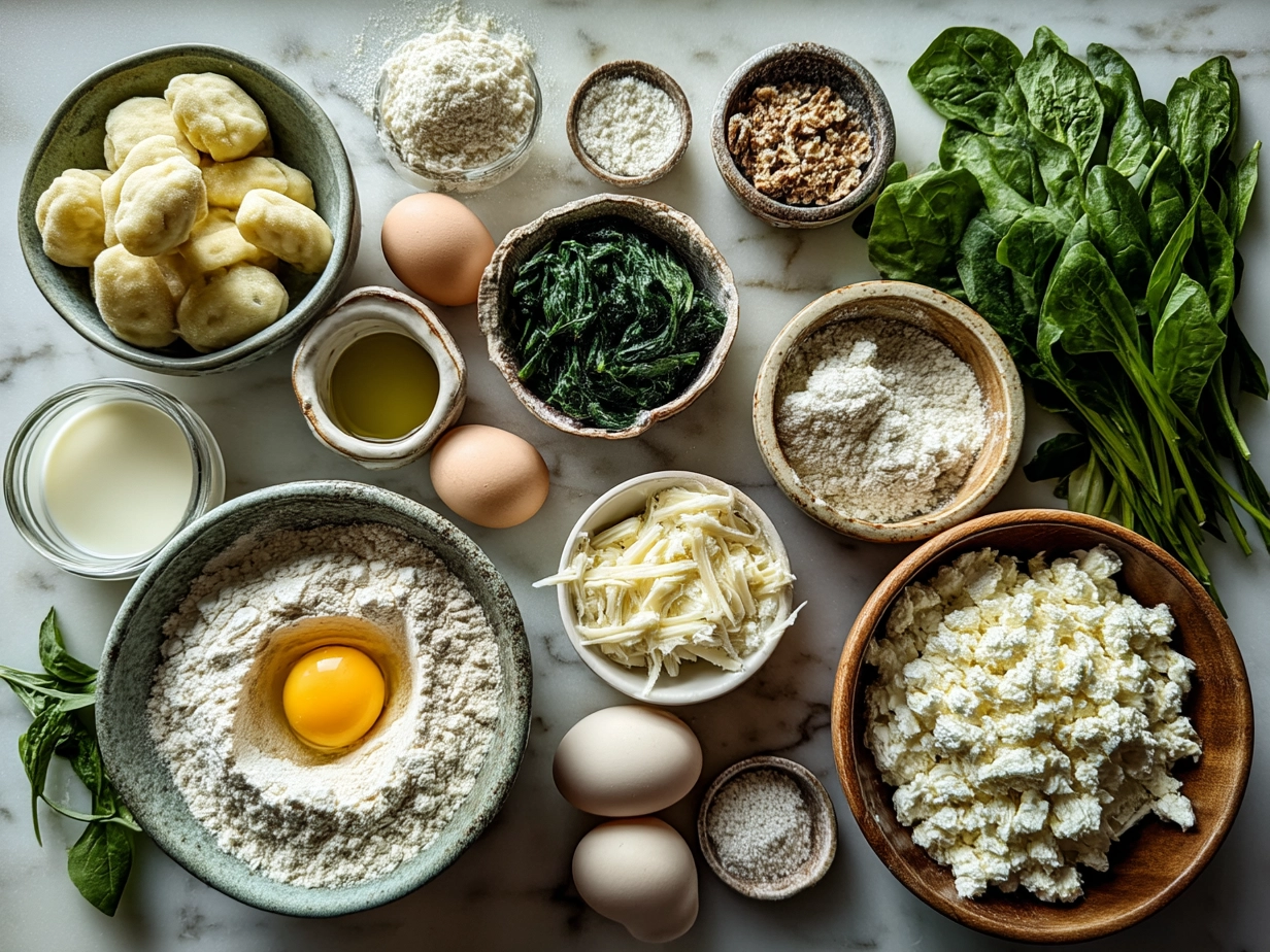 Ingredients for Gnocchi with Spinach and Feta including potato gnocchi, fresh spinach, feta cheese, garlic, olive oil, cream, parmesan, fresh herbs, lemon zest and red pepper flakes