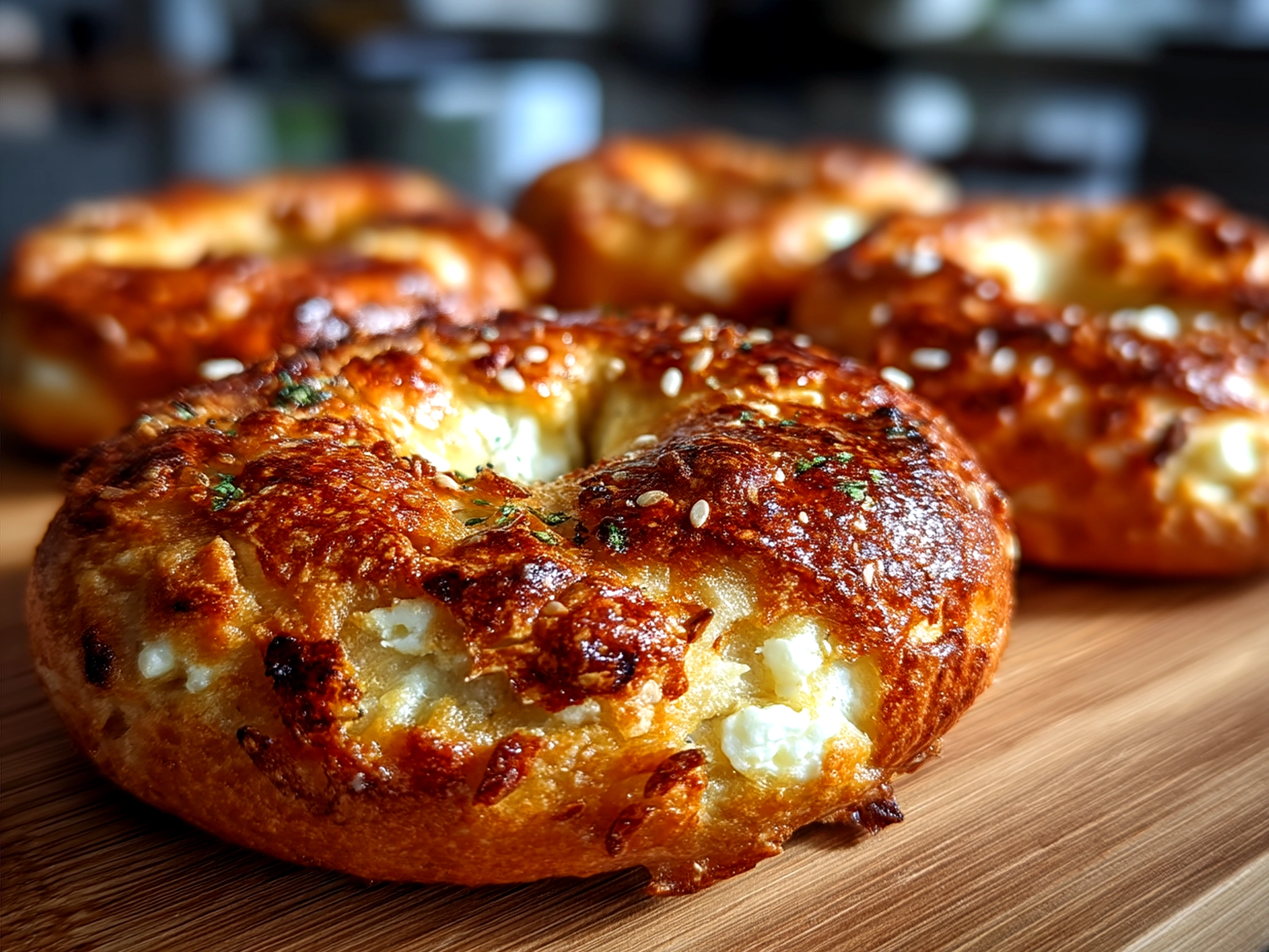 Freshly baked and topped Greek Yogurt Bagels ready to serve