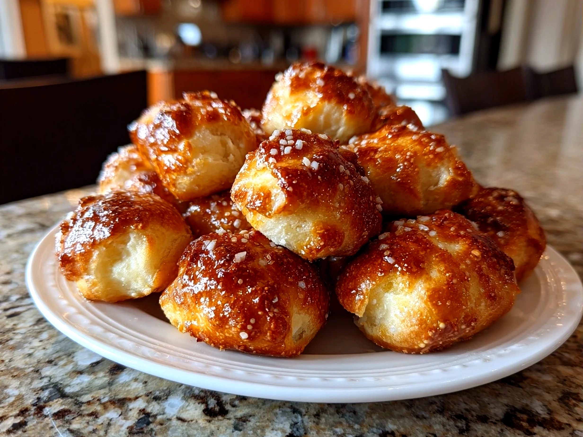 Home cook, taken with iPhone 14. Close-up slight angle of homemade sourdough discard pretzel bites on white plate. Warm appetizing --ar 4:3 --style raw --s 220