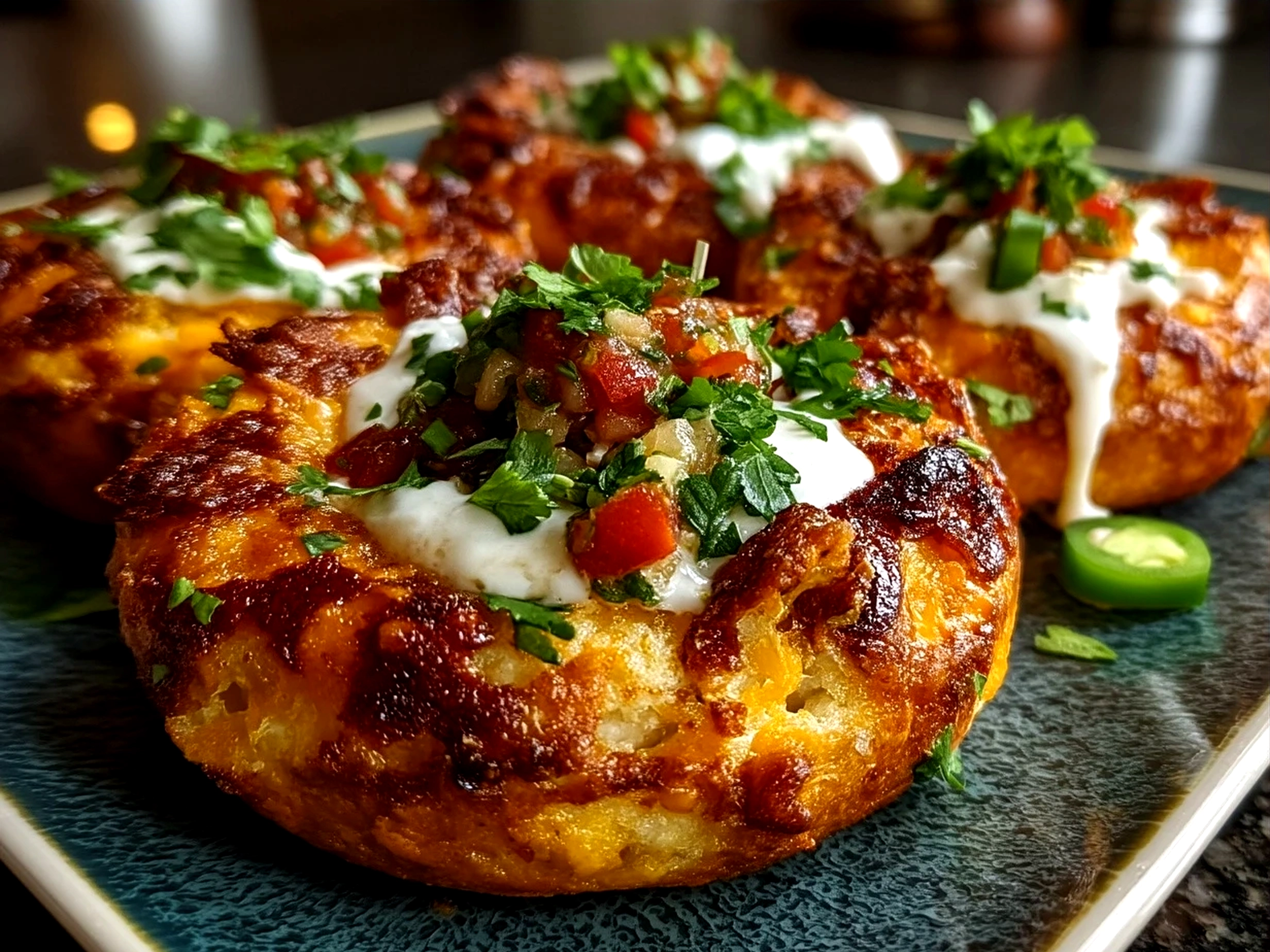 Finished Jalapeño Cheddar Protein Bagels with Greek Yogurt Salsa served on a plate