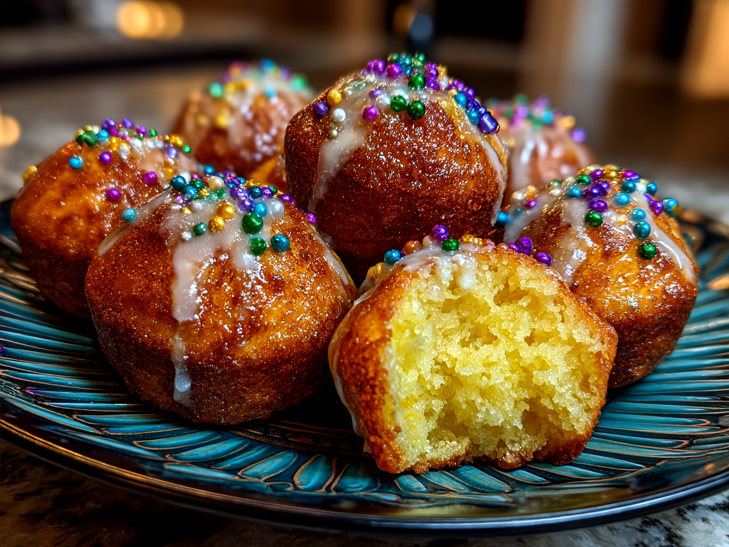 Platter of freshly baked King Cake Bites decorated with purple, green, and gold sanding sugar