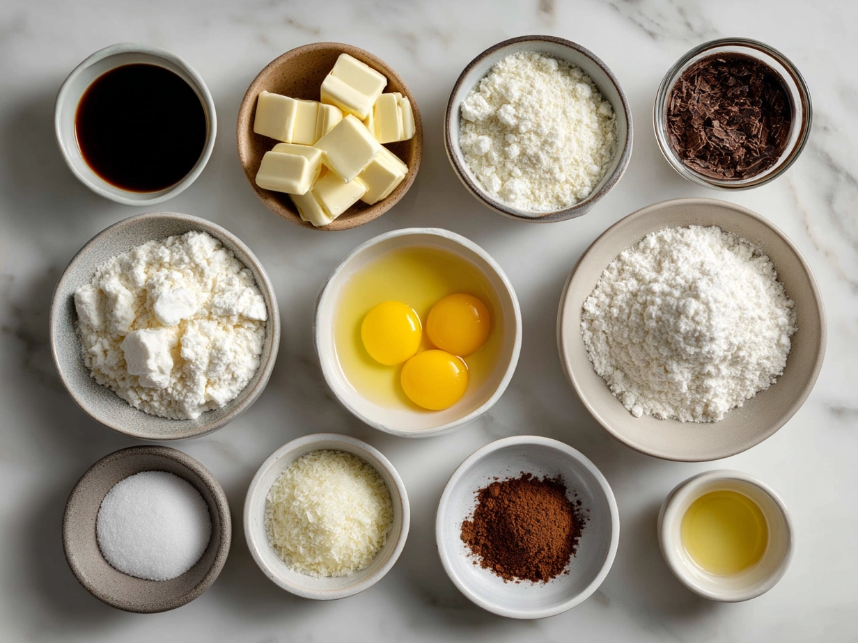 Ingredients for King Cake Bites including flour, sugar, yeast, cream cheese, and colored sugar