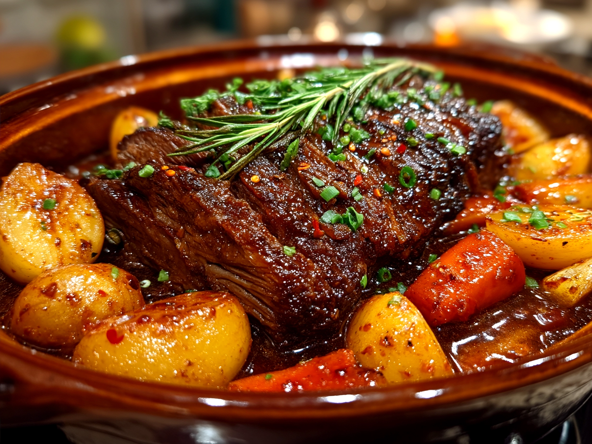 Served Korean Pot Roast in a rustic bowl with vegetables and garnish